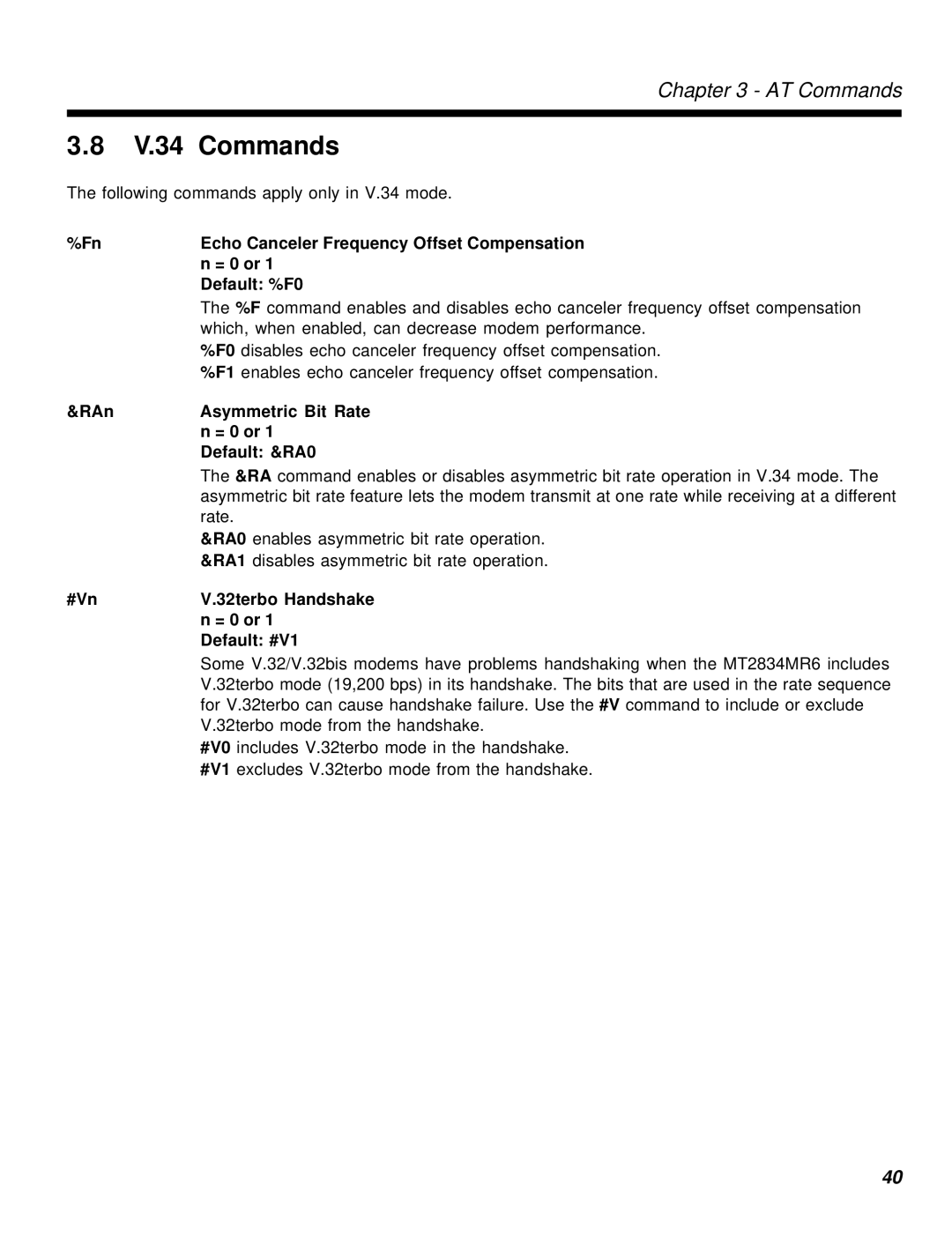 Multi-Tech Systems MT2834MR6 manual V.34 Commands 