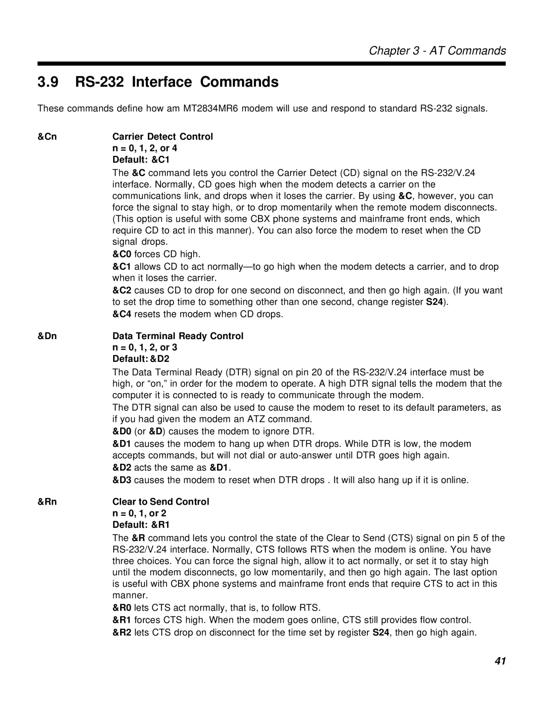 Multi-Tech Systems MT2834MR6 manual RS-232 Interface Commands, = 0, 1, 2, or, Default &C1, Default &D2, Default &R1 