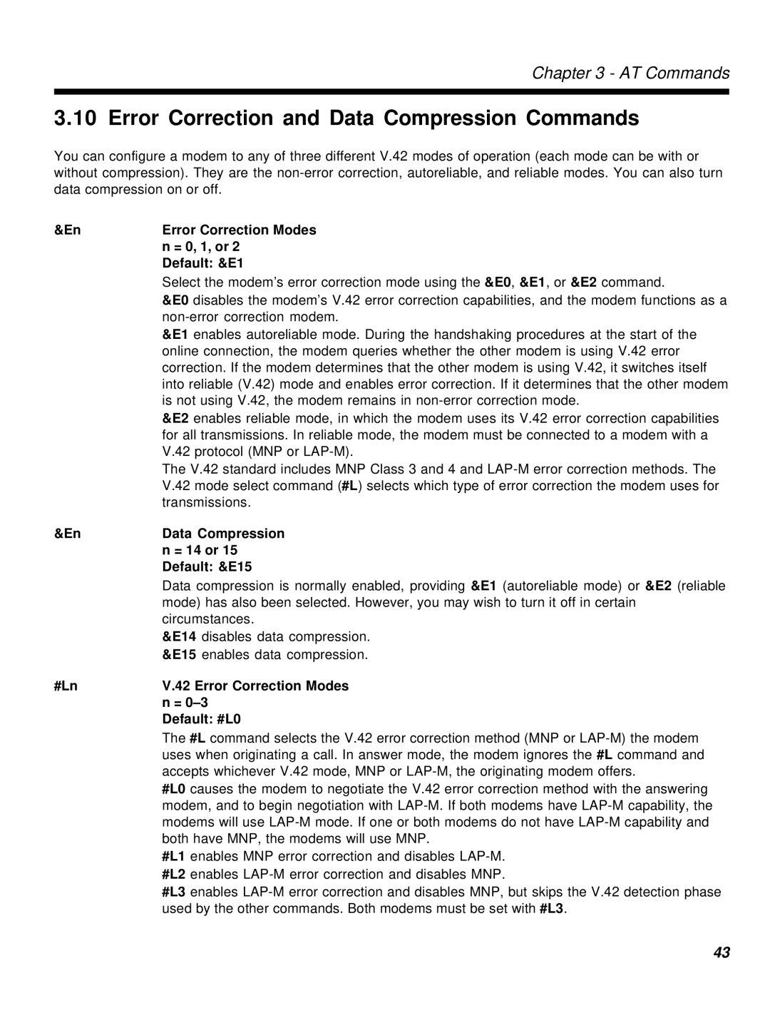 Multi-Tech Systems MT2834MR6 manual Error Correction and Data Compression Commands, = 14 or, Default &E15 