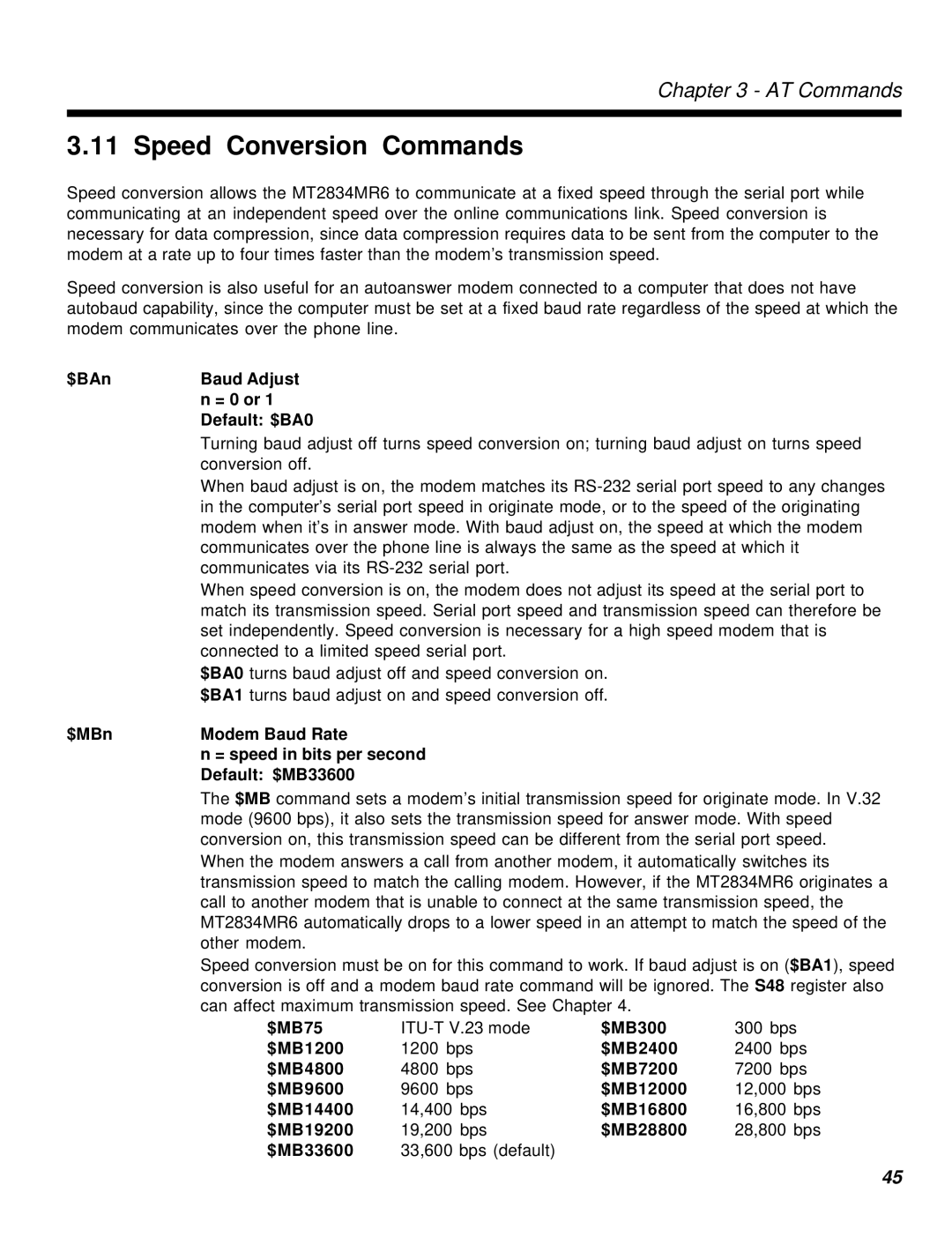 Multi-Tech Systems MT2834MR6 manual Speed Conversion Commands 