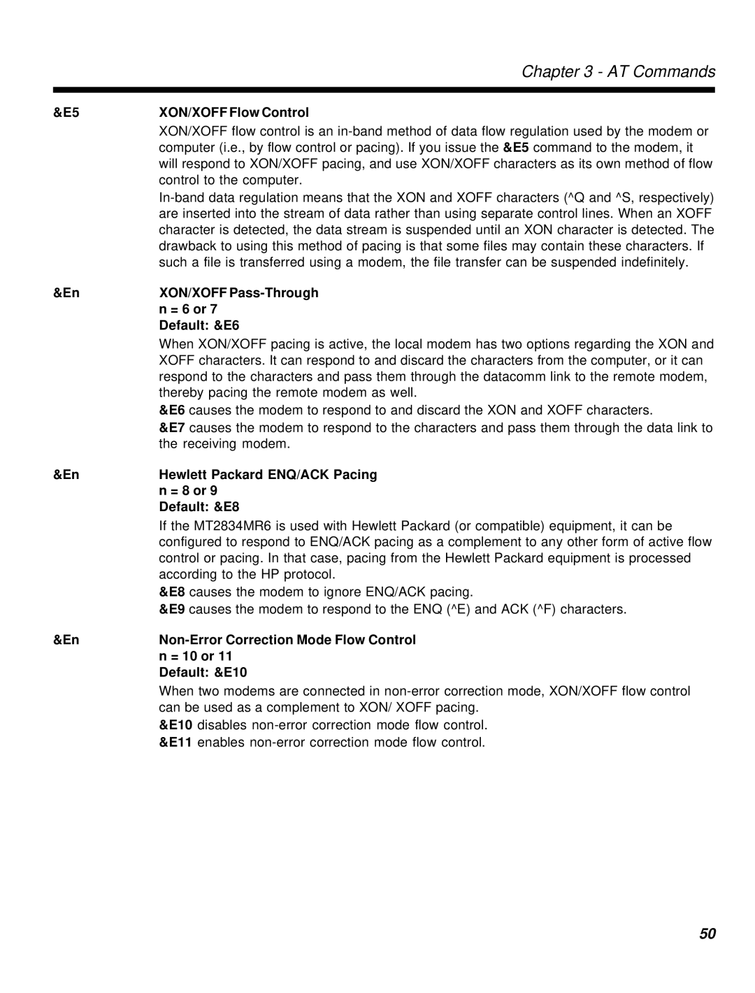 Multi-Tech Systems MT2834MR6 manual = 6 or, Default &E6, Hewlett Packard ENQ/ACK Pacing, = 8 or, Default &E8, = 10 or 