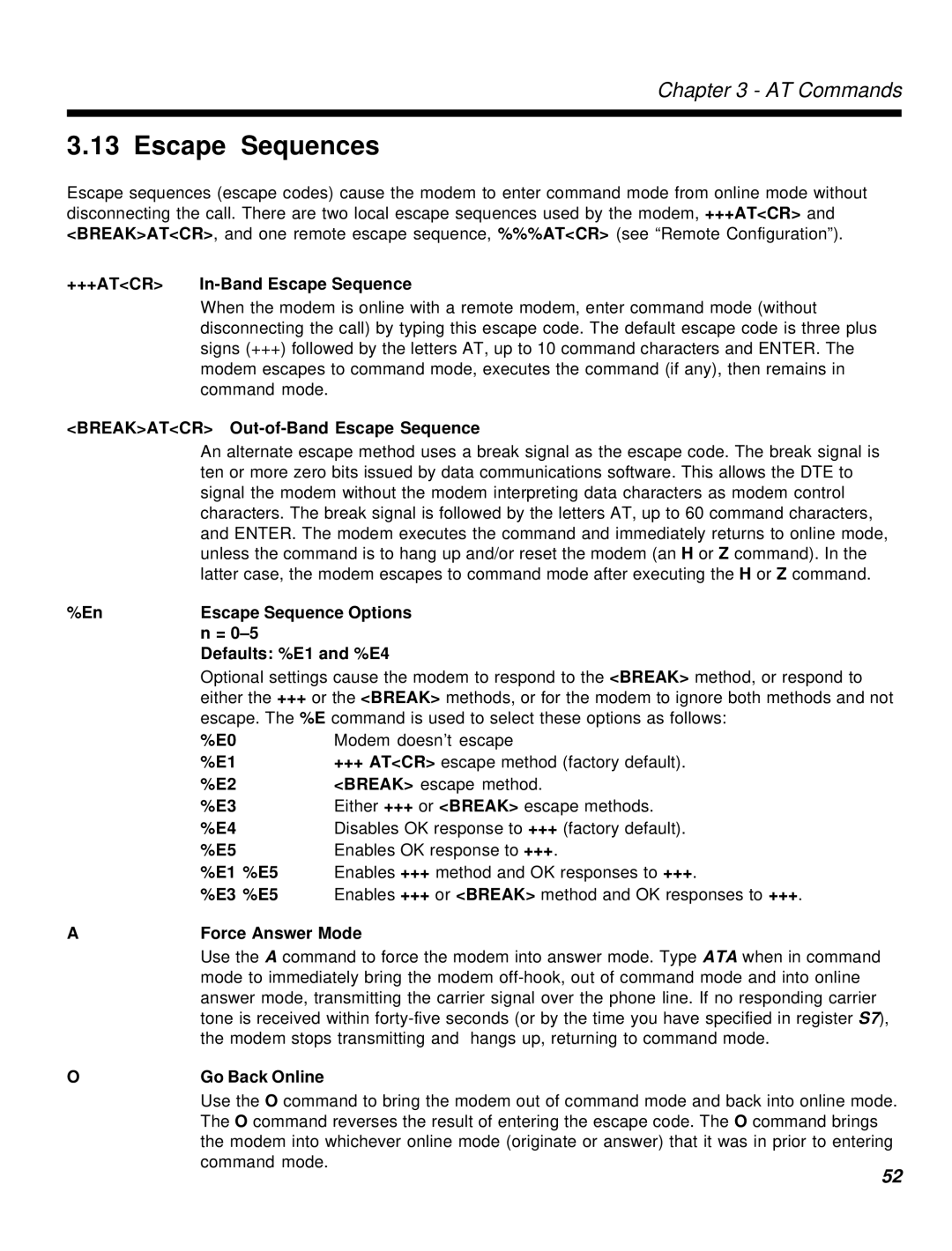 Multi-Tech Systems MT2834MR6 manual Escape Sequences 