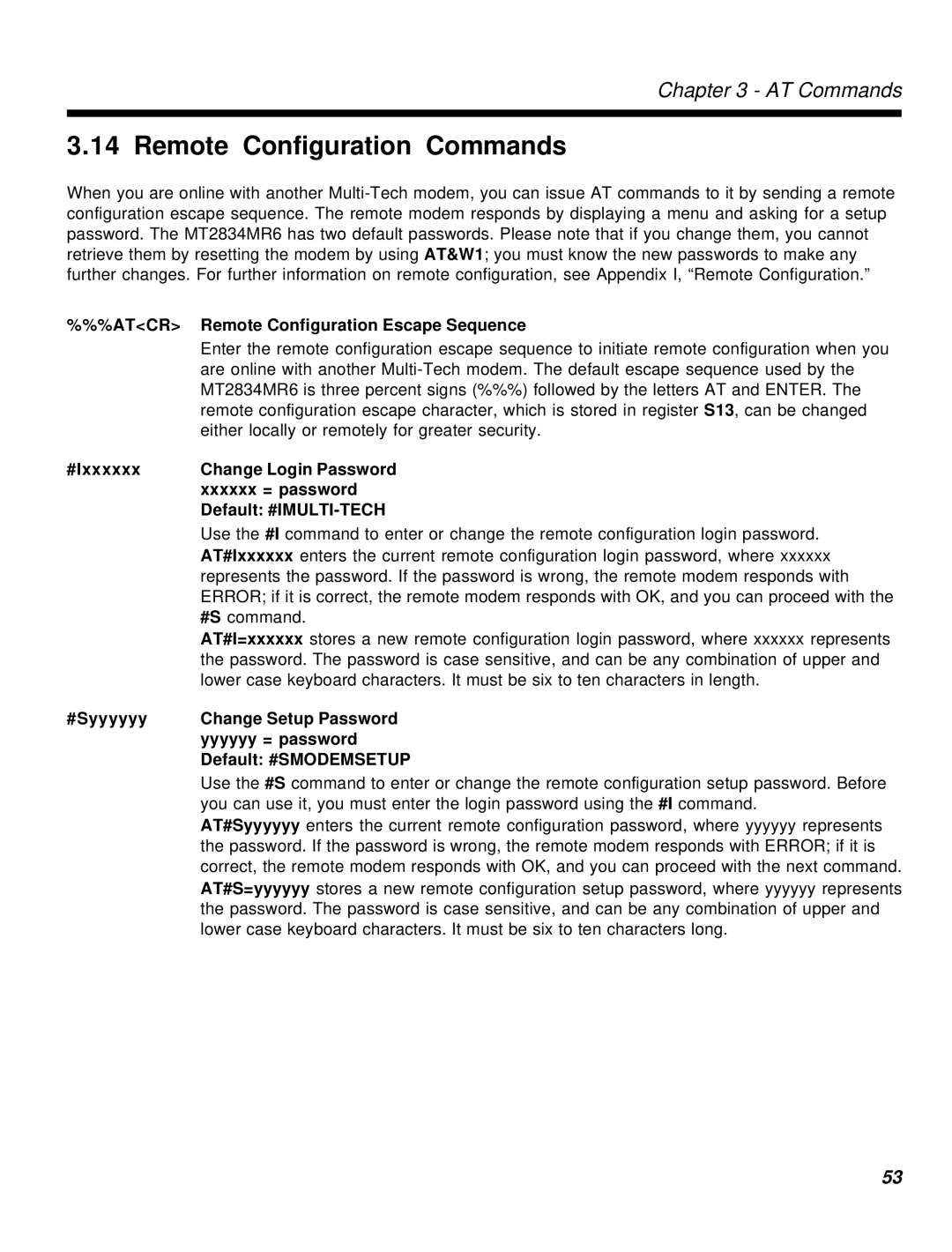 Multi-Tech Systems MT2834MR6 manual Remote Configuration Commands, Atcr Remote Configuration Escape Sequence 