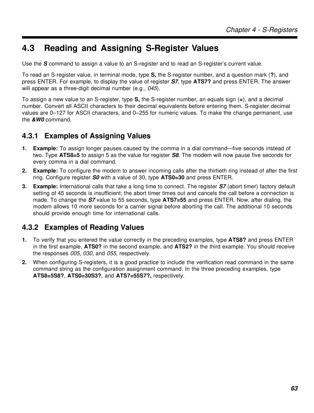 Multi-Tech Systems MT2834MR6 manual Reading and Assigning S-Register Values, Examples of Assigning Values 