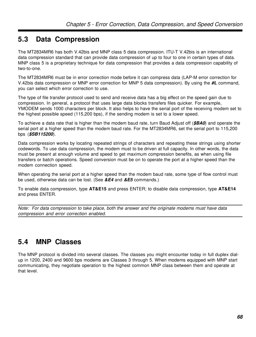 Multi-Tech Systems MT2834MR6 manual Data Compression, MNP Classes 