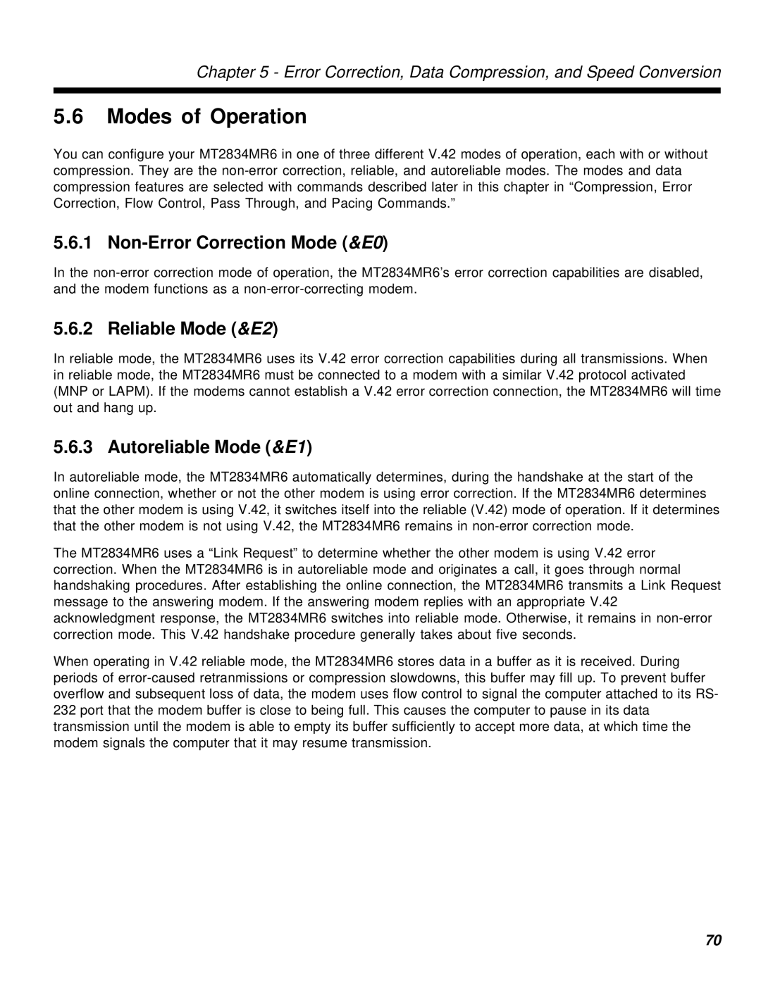 Multi-Tech Systems MT2834MR6 Modes of Operation, Non-Error Correction Mode &E0, Reliable Mode &E2, Autoreliable Mode &E1 