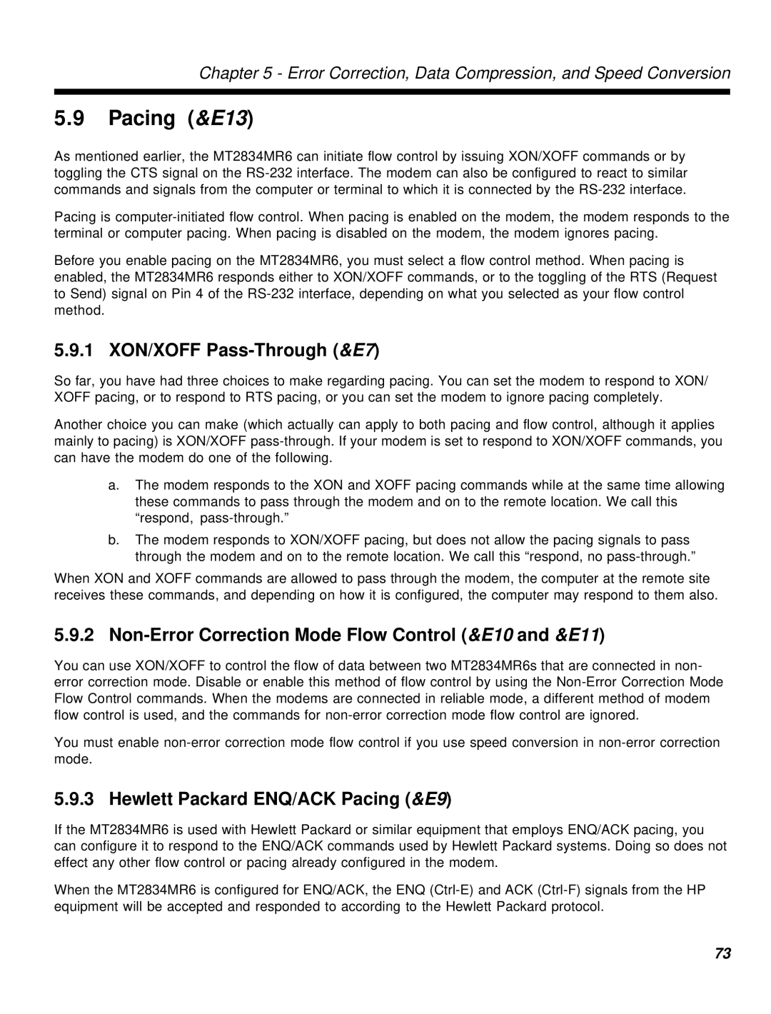 Multi-Tech Systems MT2834MR6 manual Pacing &E13, 1 XON/XOFF Pass-Through &E7, Hewlett Packard ENQ/ACK Pacing &E9 