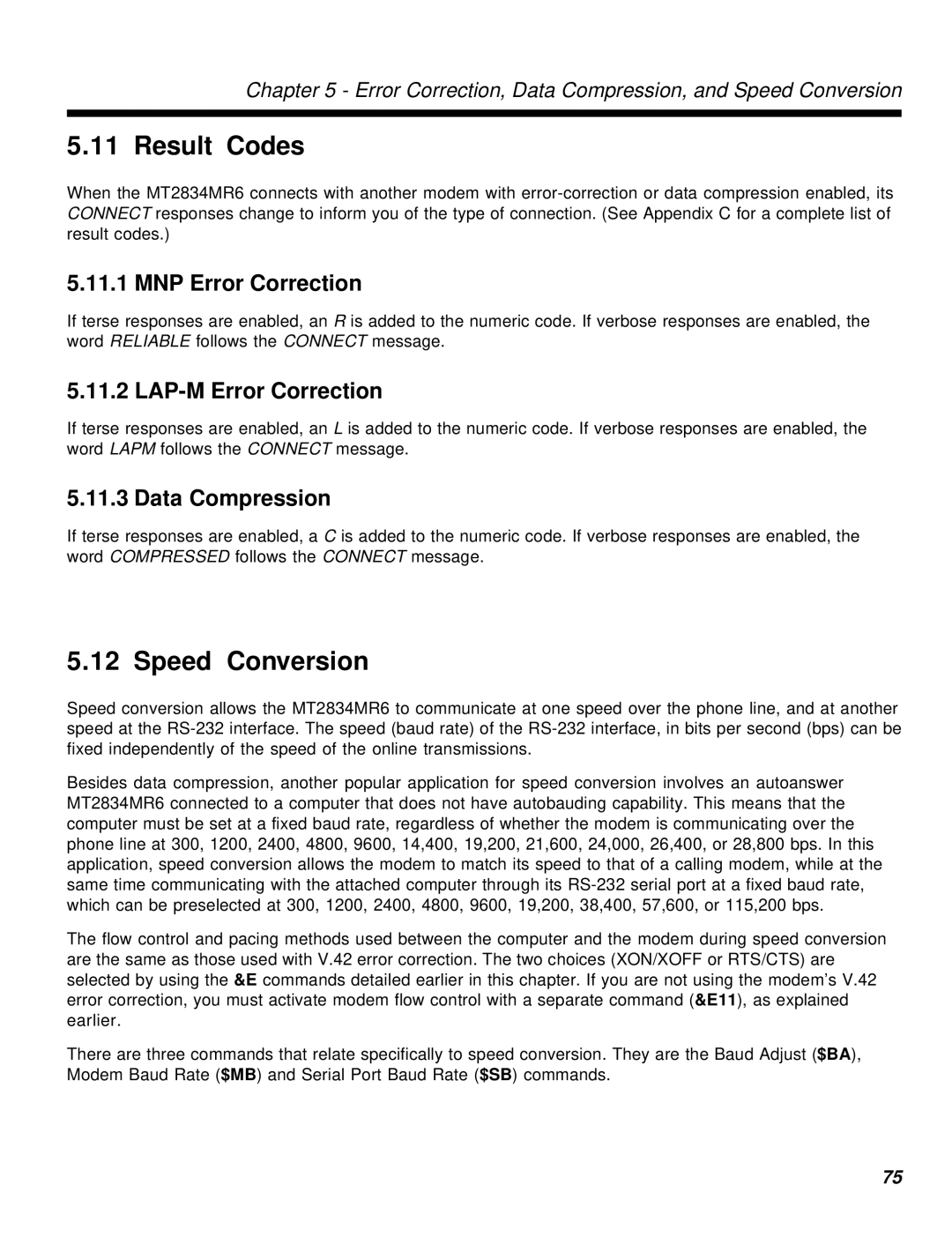 Multi-Tech Systems MT2834MR6 manual Result Codes, Speed Conversion, MNP Error Correction, LAP-M Error Correction 