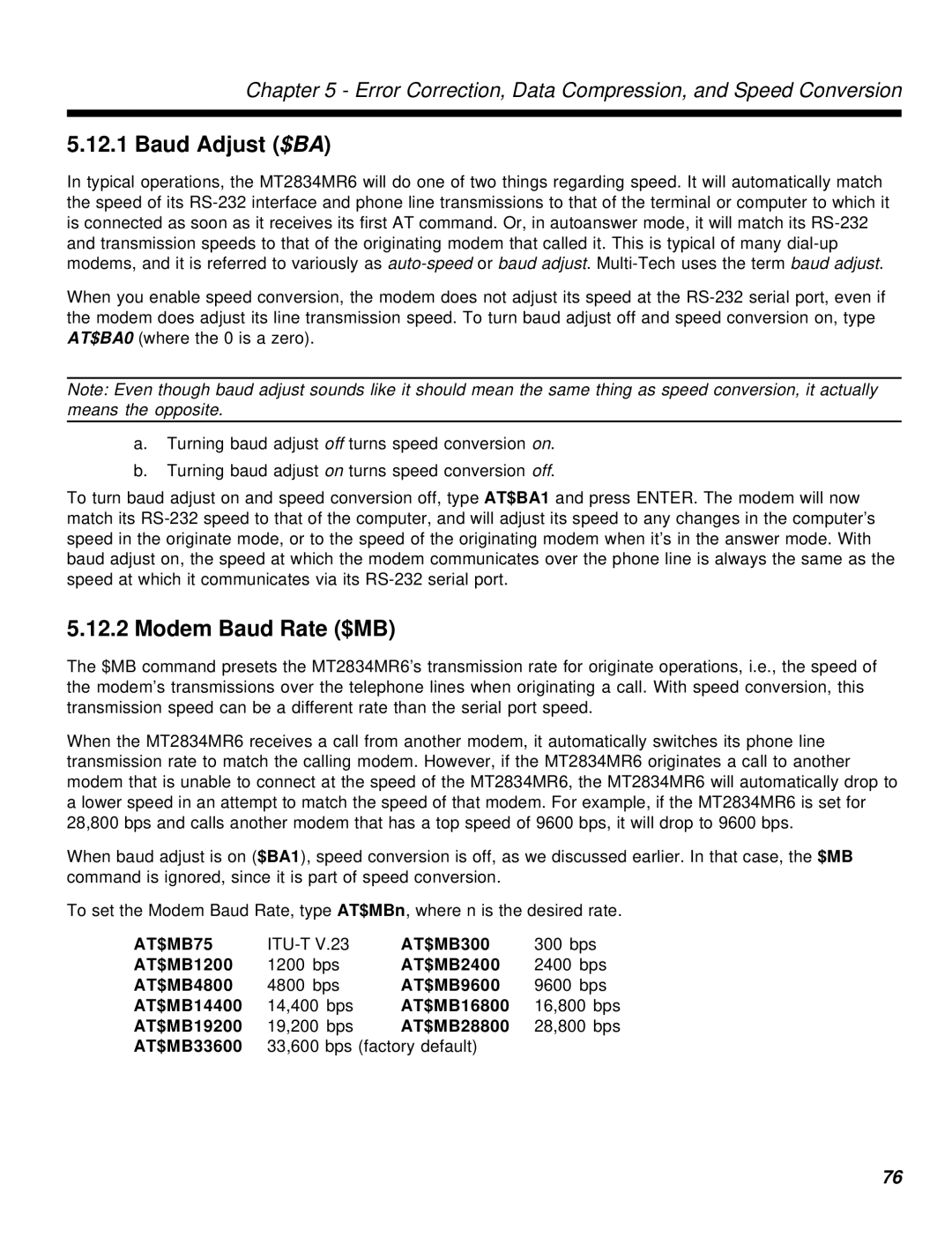 Multi-Tech Systems MT2834MR6 manual Baud Adjust $BA, Modem Baud Rate $MB 