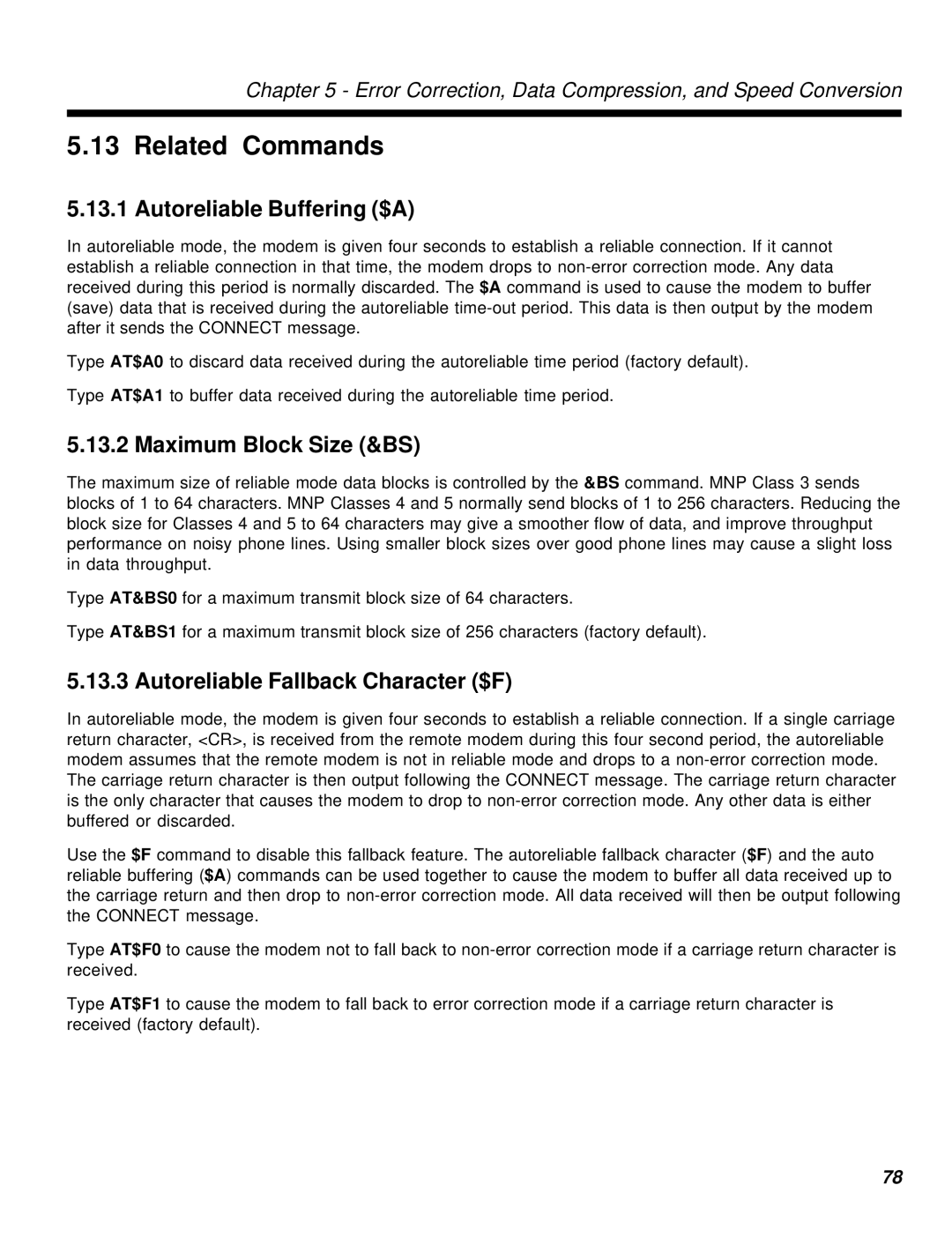 Multi-Tech Systems MT2834MR6 manual Related Commands, Autoreliable Buffering $A, Maximum Block Size &BS 