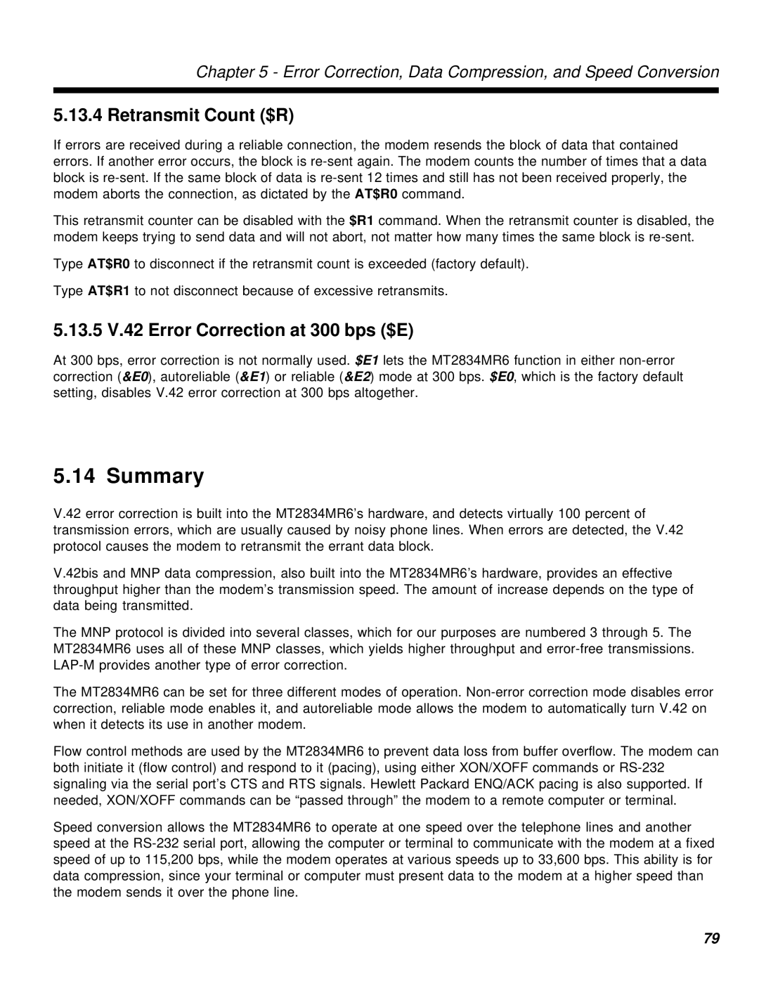 Multi-Tech Systems MT2834MR6 manual Summary, Retransmit Count $R, 13.5 V.42 Error Correction at 300 bps $E 