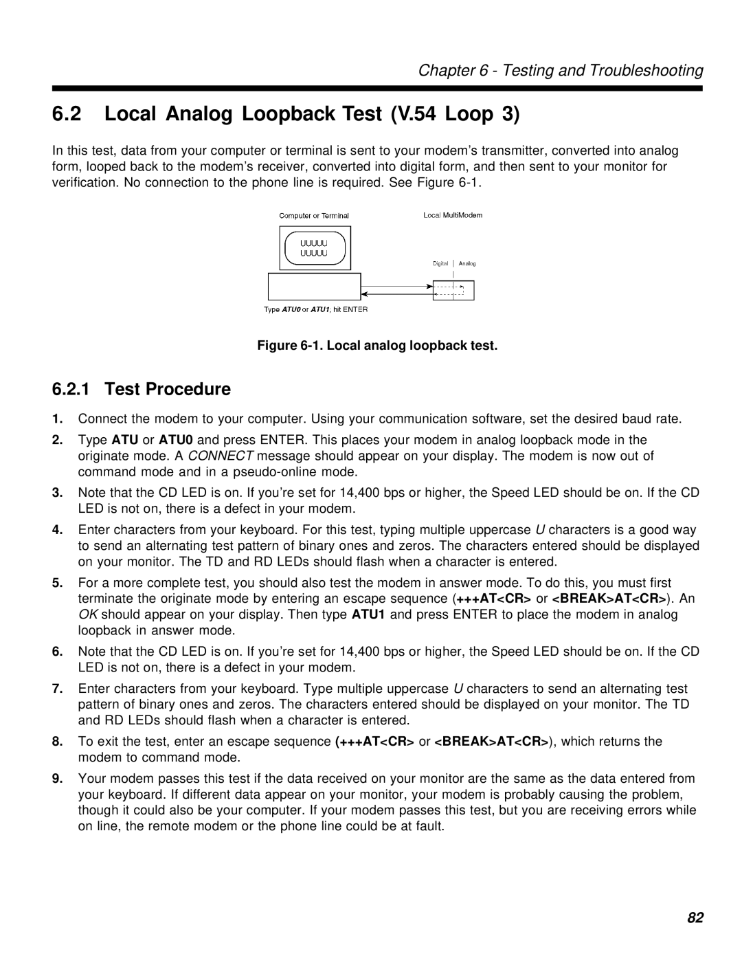 Multi-Tech Systems MT2834MR6 manual Local Analog Loopback Test V.54 Loop, Test Procedure 