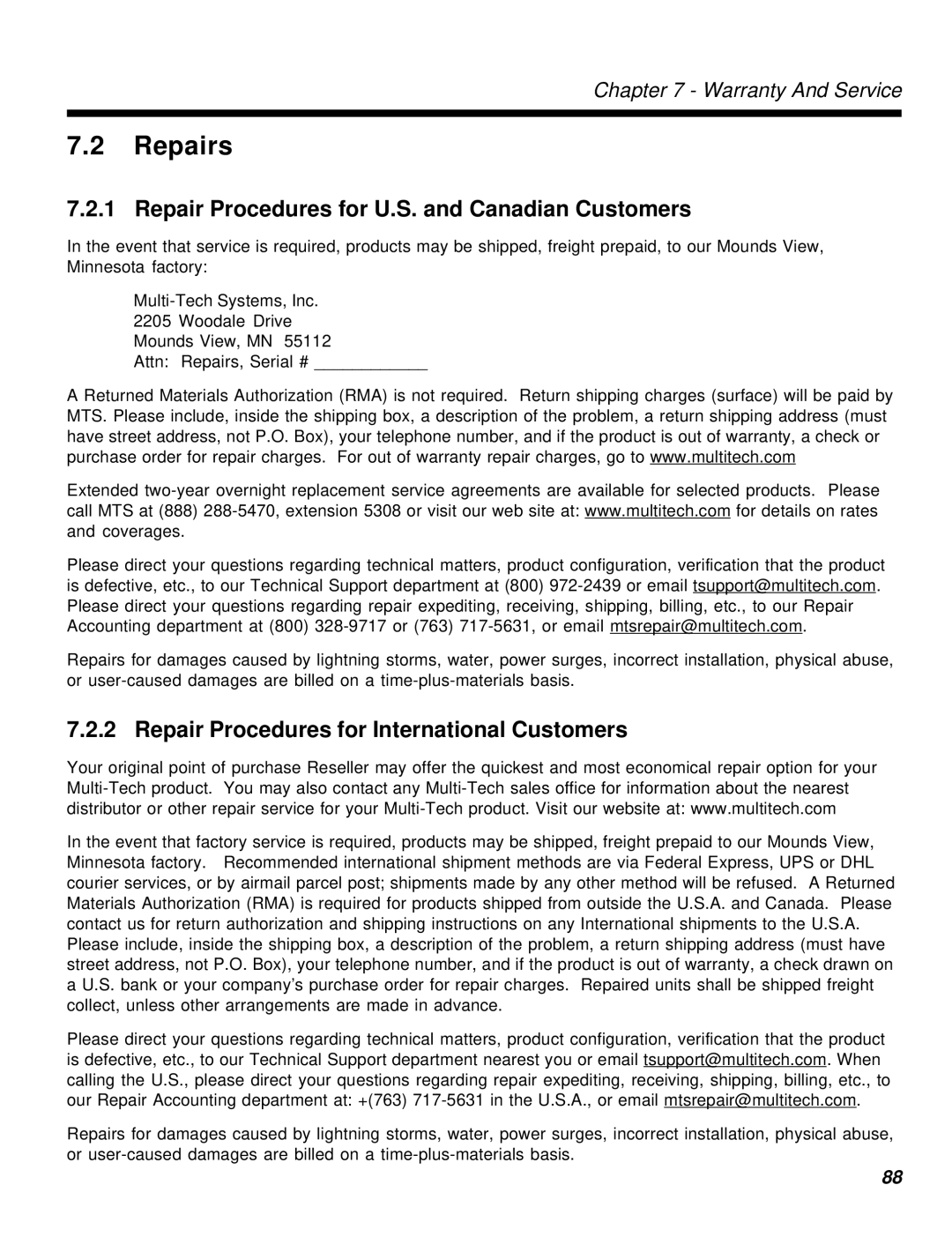 Multi-Tech Systems MT2834MR6 manual Repairs, Repair Procedures for U.S. and Canadian Customers 