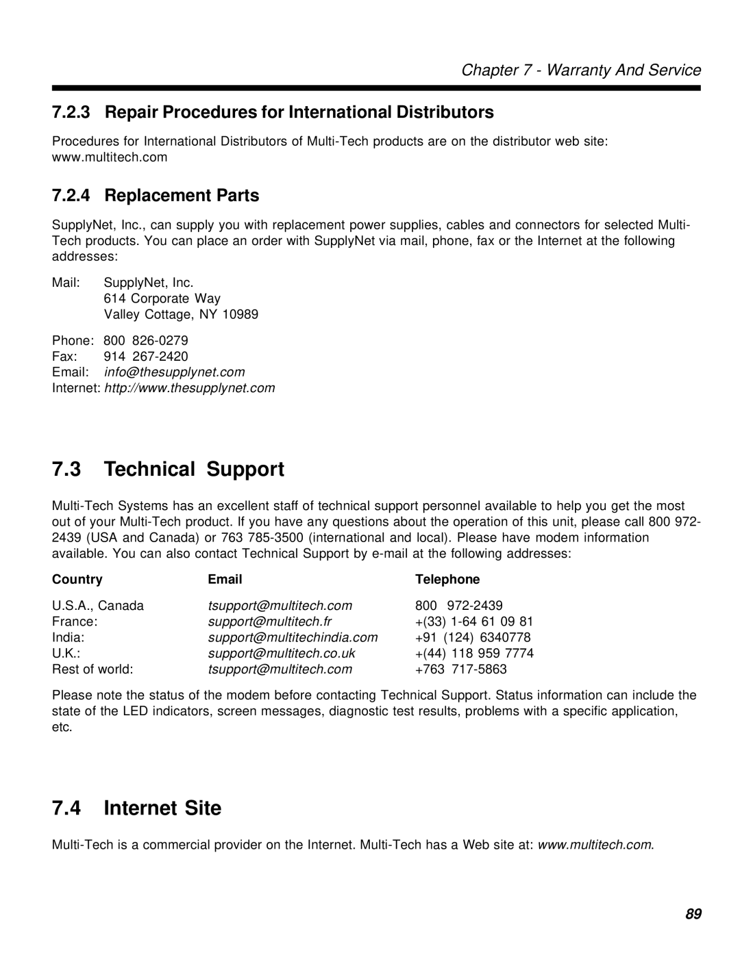 Multi-Tech Systems MT2834MR6 manual Technical Support, Internet Site, Country Telephone 