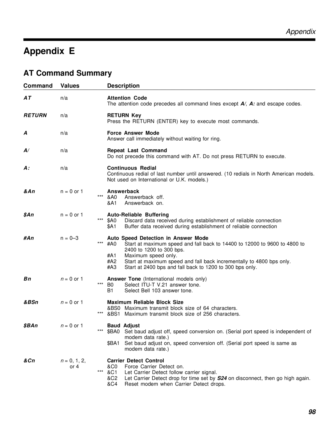 Multi-Tech Systems MT2834MR6 manual Appendix E, AT Command Summary, Command Values Description 