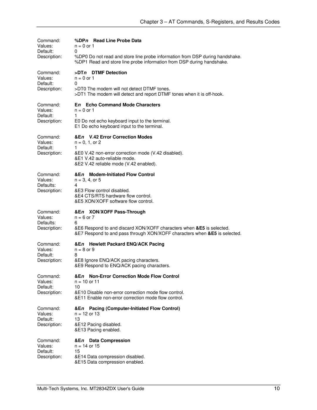Multi-Tech Systems MT2834ZDX manual DPn Read Line Probe Data, DTn Dtmf Detection, En Echo Command Mode Characters 