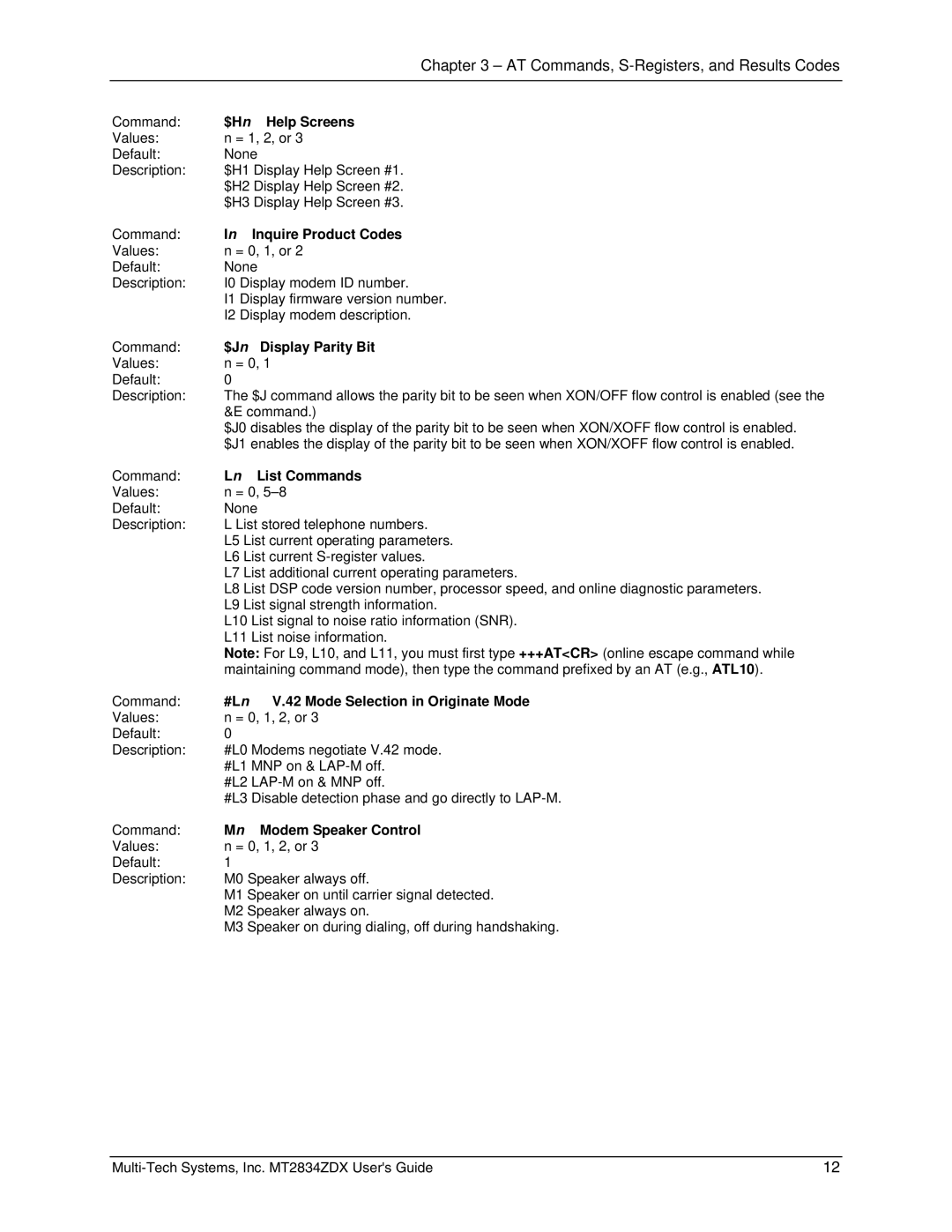 Multi-Tech Systems MT2834ZDX manual $H n Help Screens, Inquire Product Codes, $J n Display Parity Bit, List Commands 