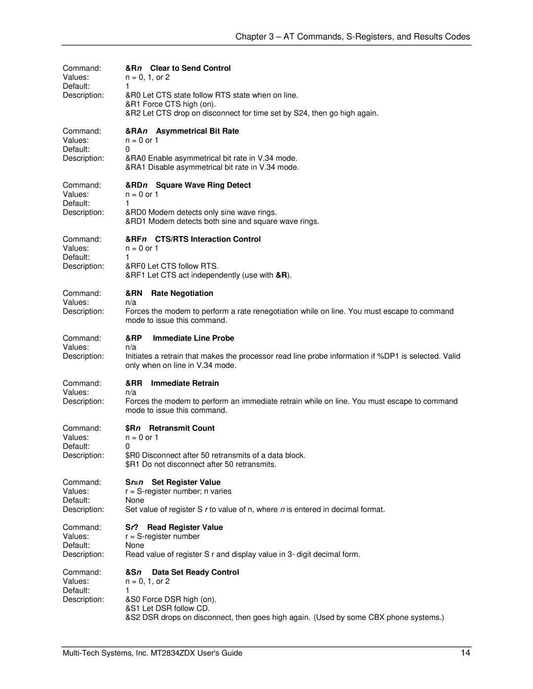 Multi-Tech Systems MT2834ZDX manual Rn Clear to Send Control, RAn Asymmetrical Bit Rate, RDn Square Wave Ring Detect 