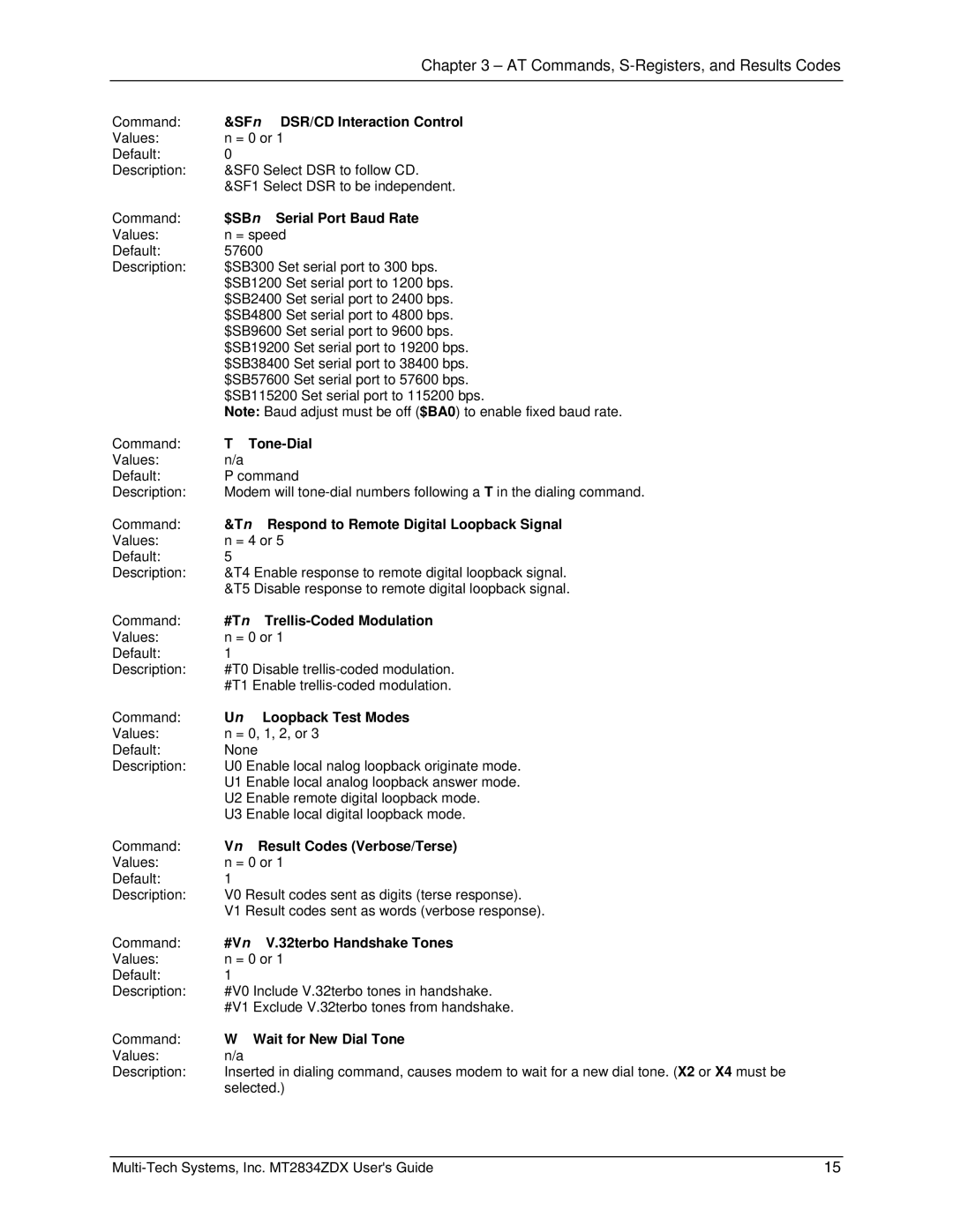 Multi-Tech Systems MT2834ZDX SFn DSR/CD Interaction Control, $SBn Serial Port Baud Rate, Tone-Dial, Loopback Test Modes 