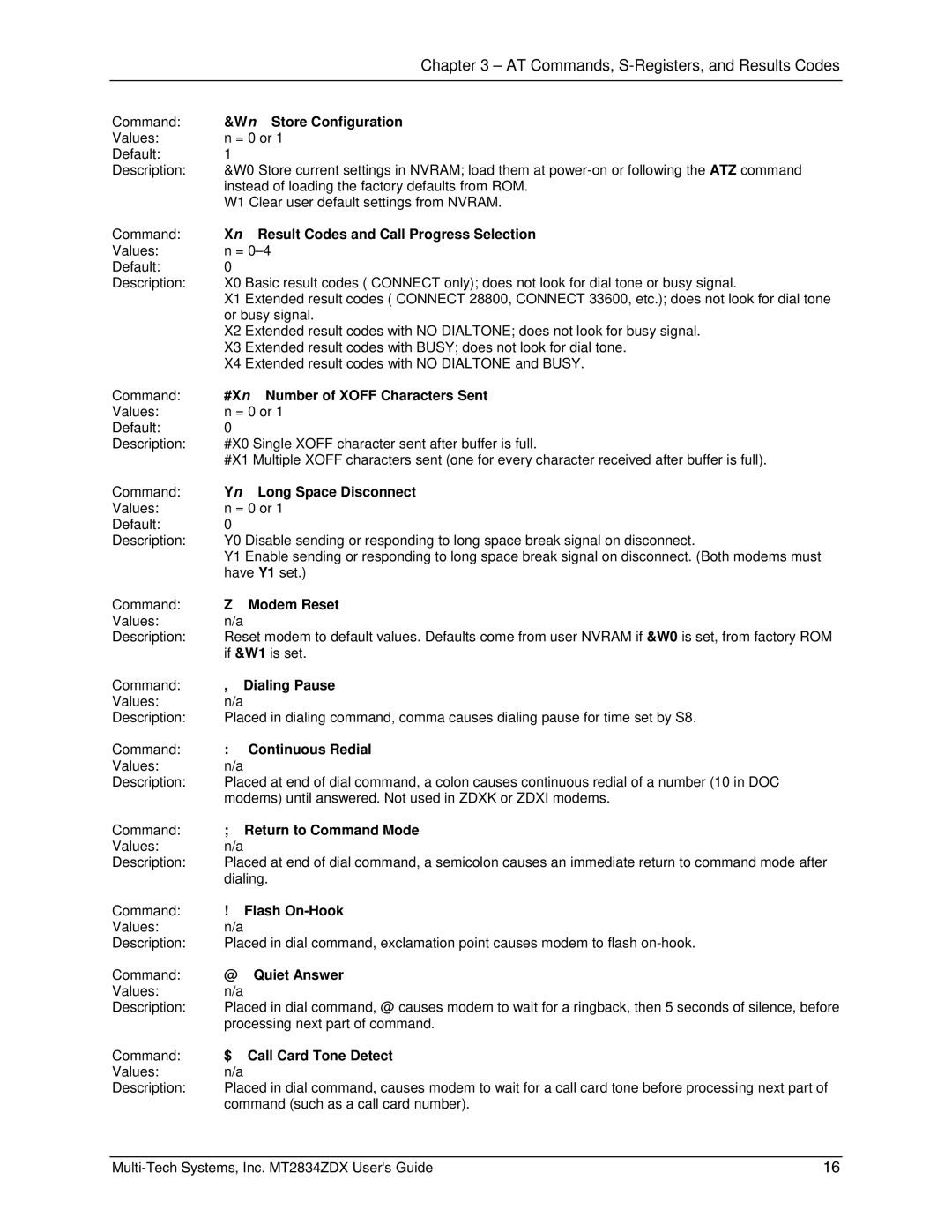 Multi-Tech Systems MT2834ZDX Wn Store Configuration, Xn Result Codes and Call Progress Selection, Long Space Disconnect 