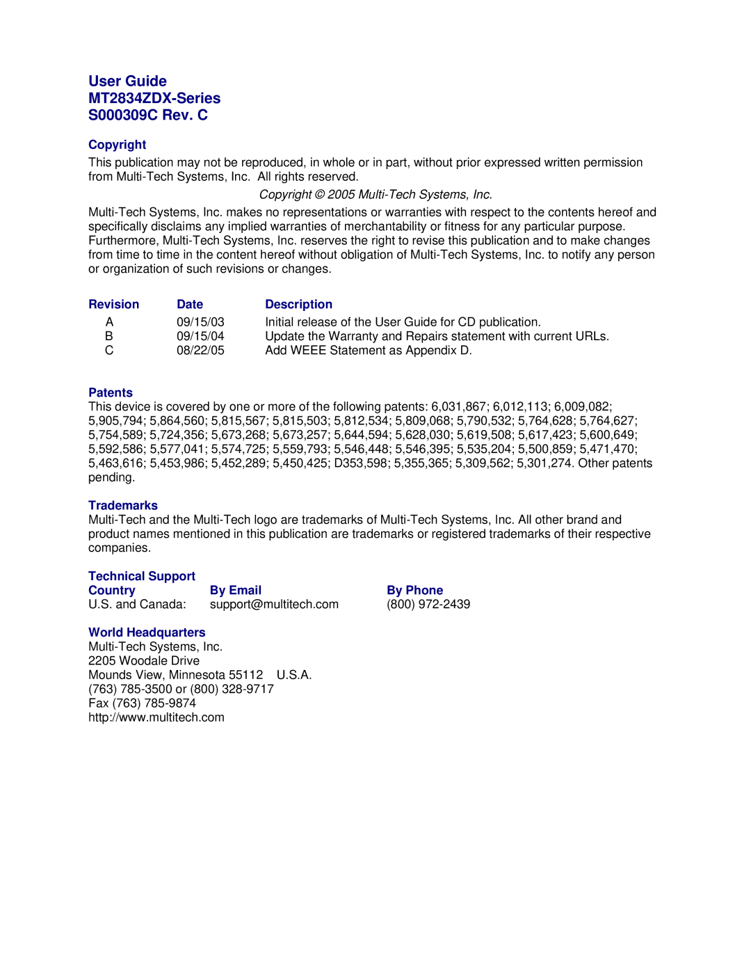 Multi-Tech Systems manual User Guide MT2834ZDX-Series S000309C Rev. C 