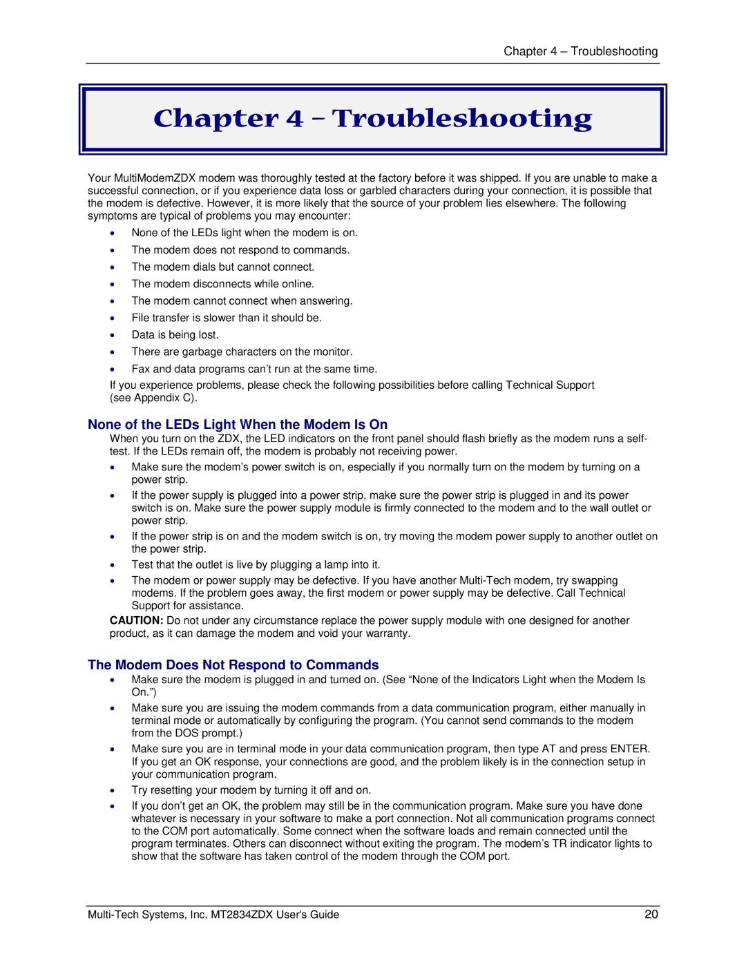 Multi-Tech Systems MT2834ZDX manual Troubleshooting, None of the LEDs Light When the Modem Is On 