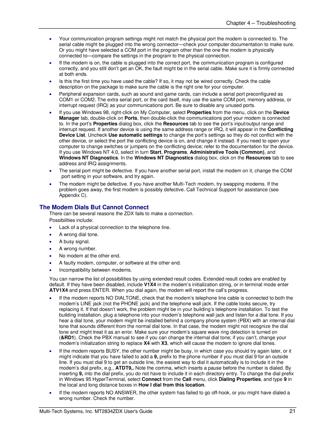 Multi-Tech Systems MT2834ZDX manual Modem Dials But Cannot Connect 