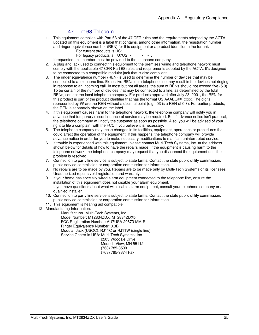 Multi-Tech Systems MT2834ZDX manual FCC CFR47 Part 68 Telecom 