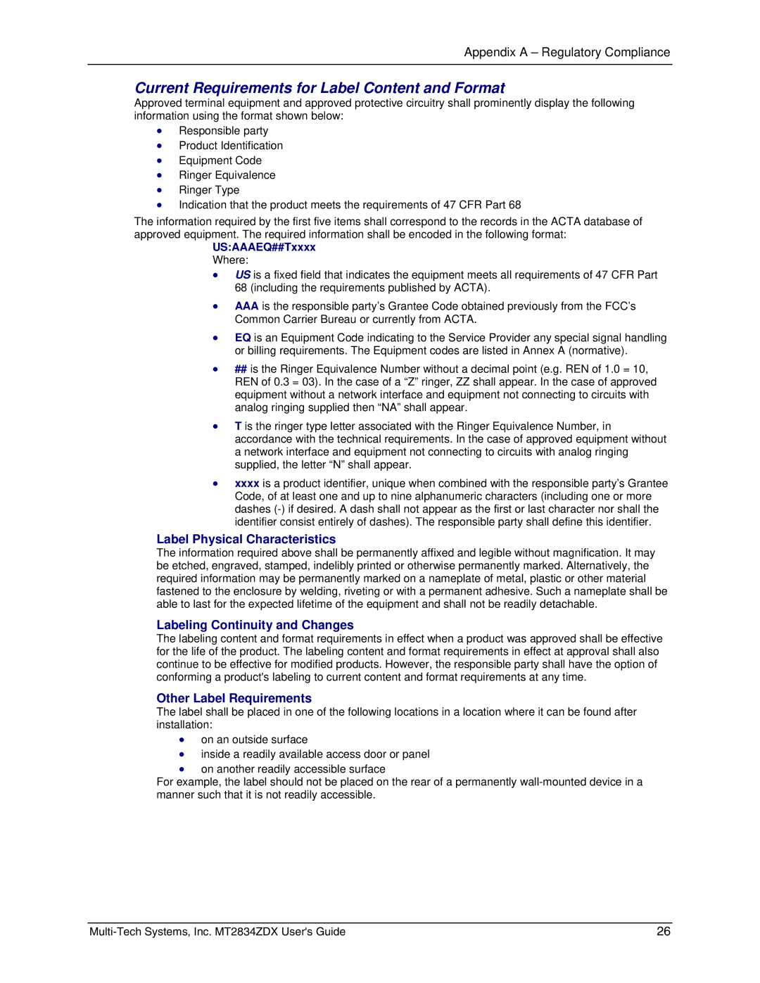 Multi-Tech Systems MT2834ZDX manual Current Requirements for Label Content and Format, USAAAEQ##Txxxx 