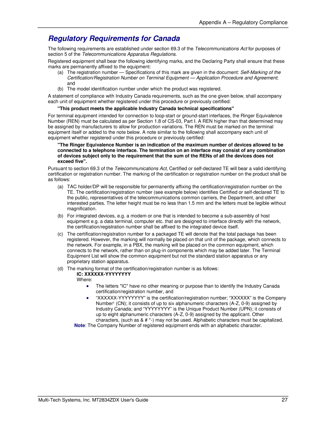 Multi-Tech Systems MT2834ZDX manual Regulatory Requirements for Canada 