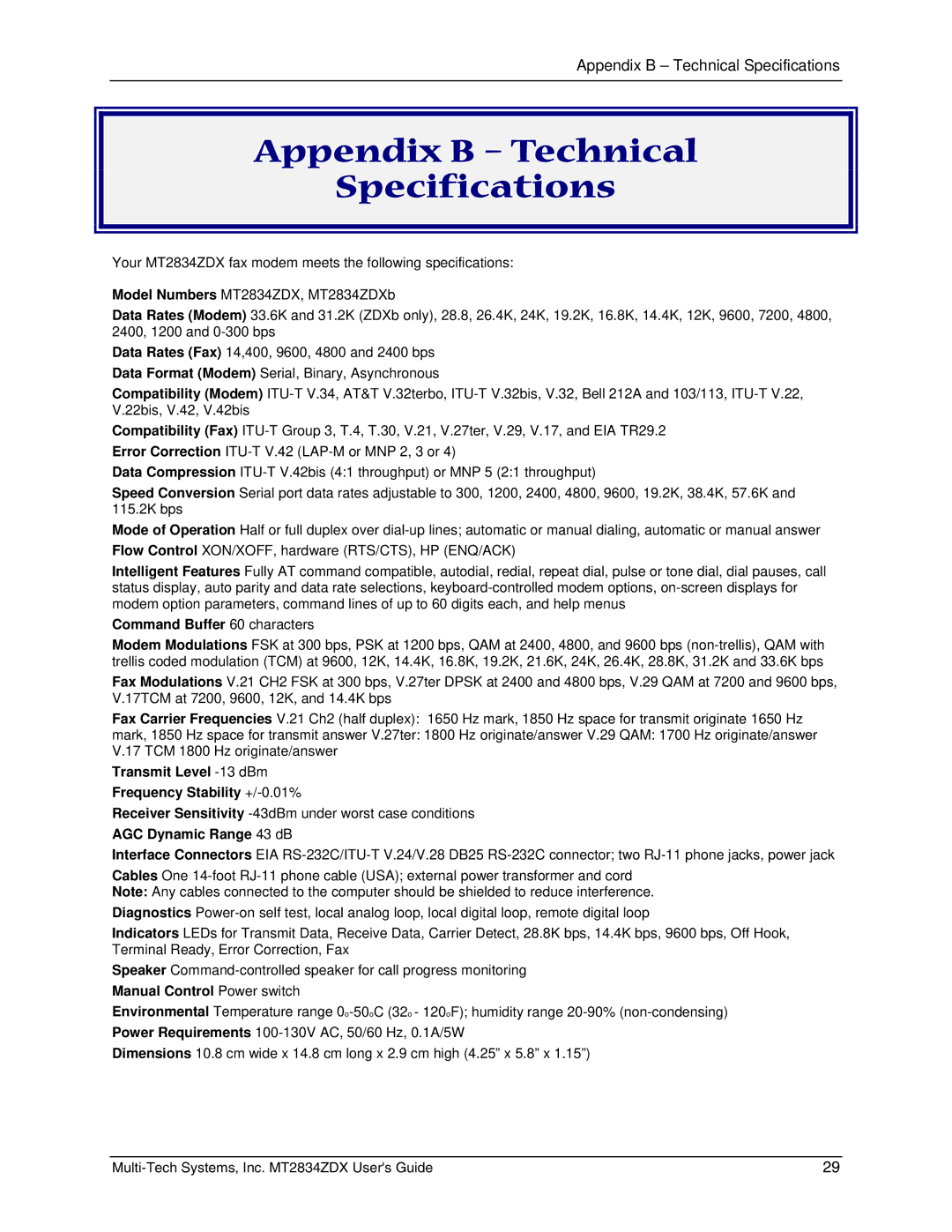 Multi-Tech Systems MT2834ZDX Appendix B Technical Specifications, Command Buffer 60 characters, AGC Dynamic Range 43 dB 