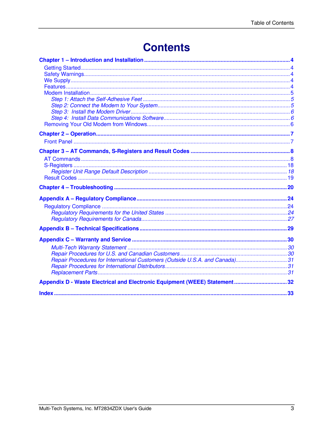 Multi-Tech Systems MT2834ZDX manual Contents 