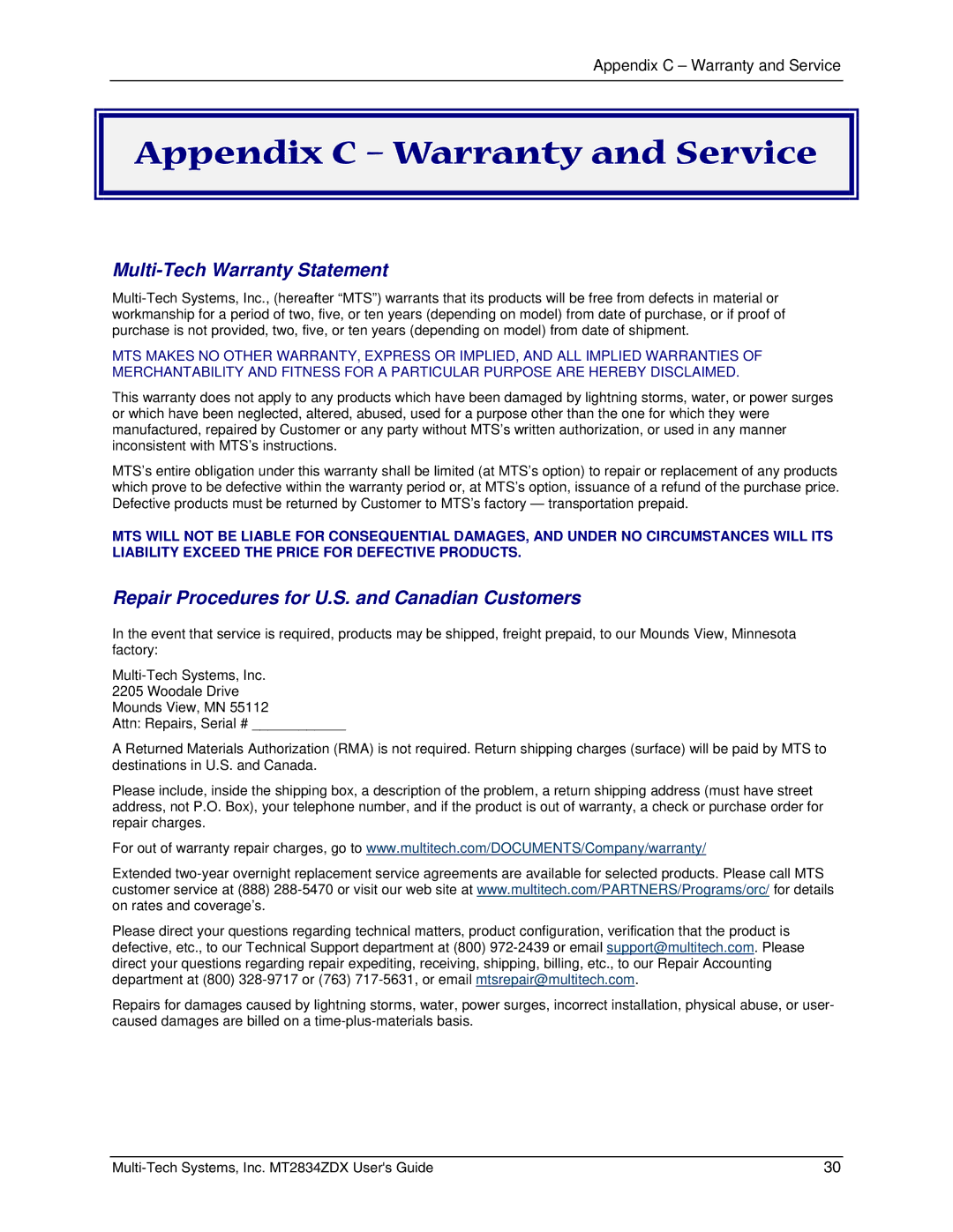 Multi-Tech Systems MT2834ZDX manual Appendix C Warranty and Service, Multi-Tech Warranty Statement 