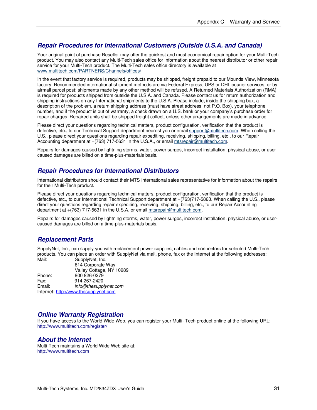 Multi-Tech Systems MT2834ZDX manual Repair Procedures for International Distributors, Replacement Parts 