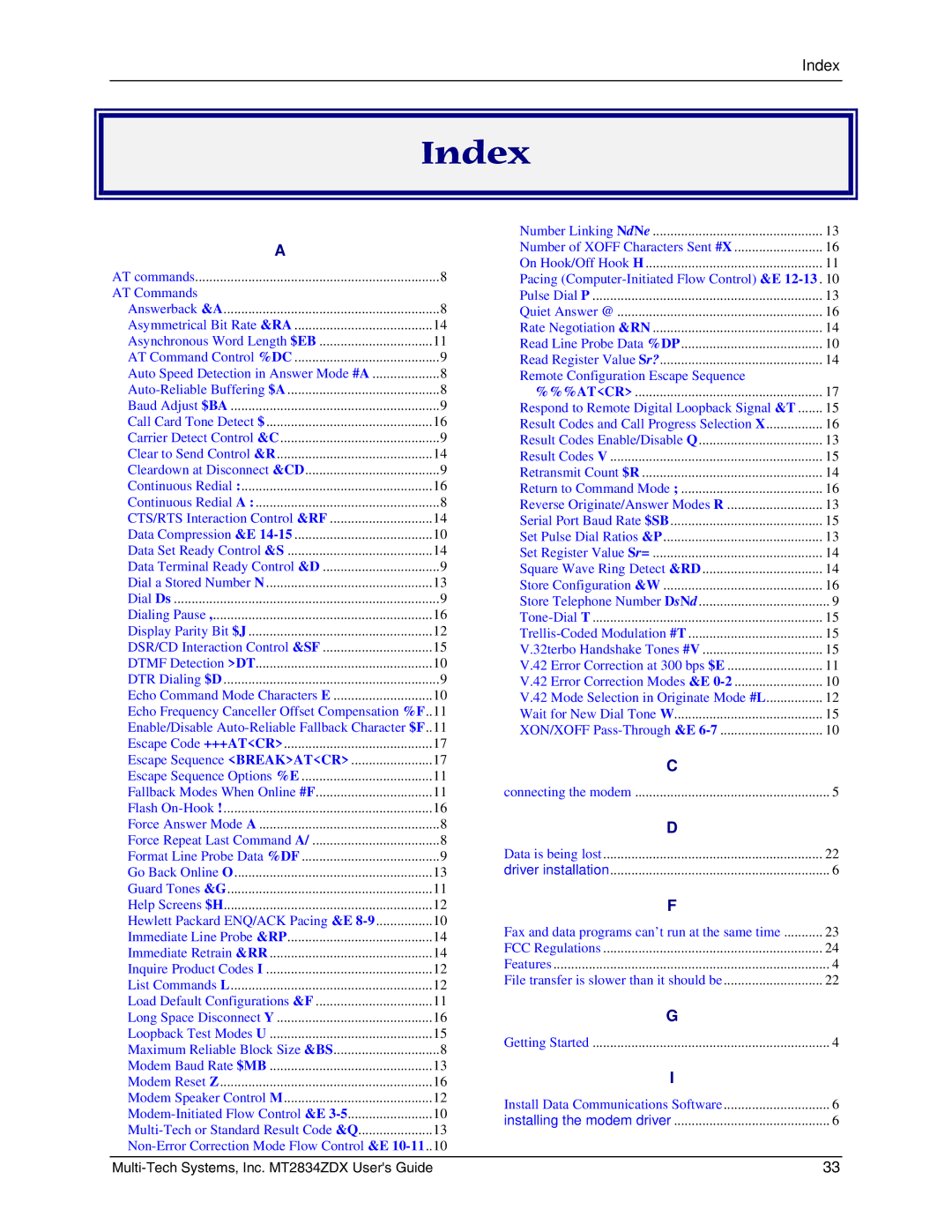 Multi-Tech Systems MT2834ZDX manual Index, AT Commands 