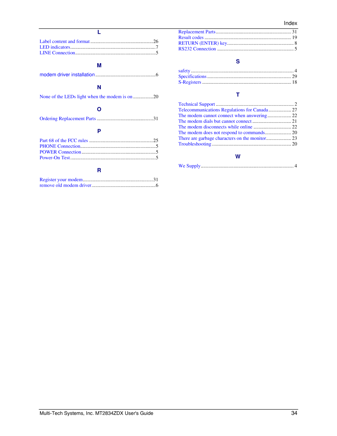 Multi-Tech Systems MT2834ZDX manual None of the LEDs light when the modem is on 