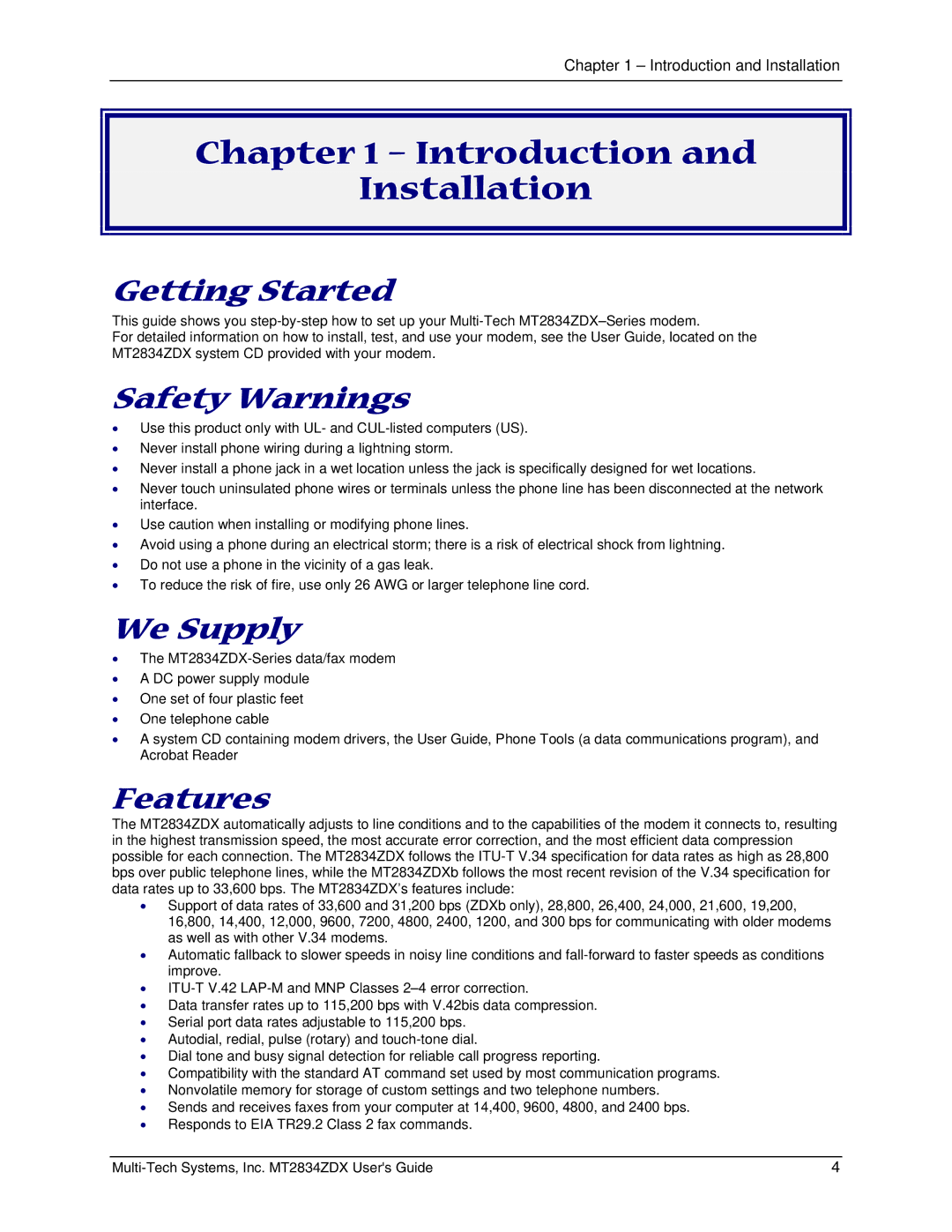 Multi-Tech Systems MT2834ZDX manual Introduction Installation, Getting Started, Safety Warnings, We Supply, Features 