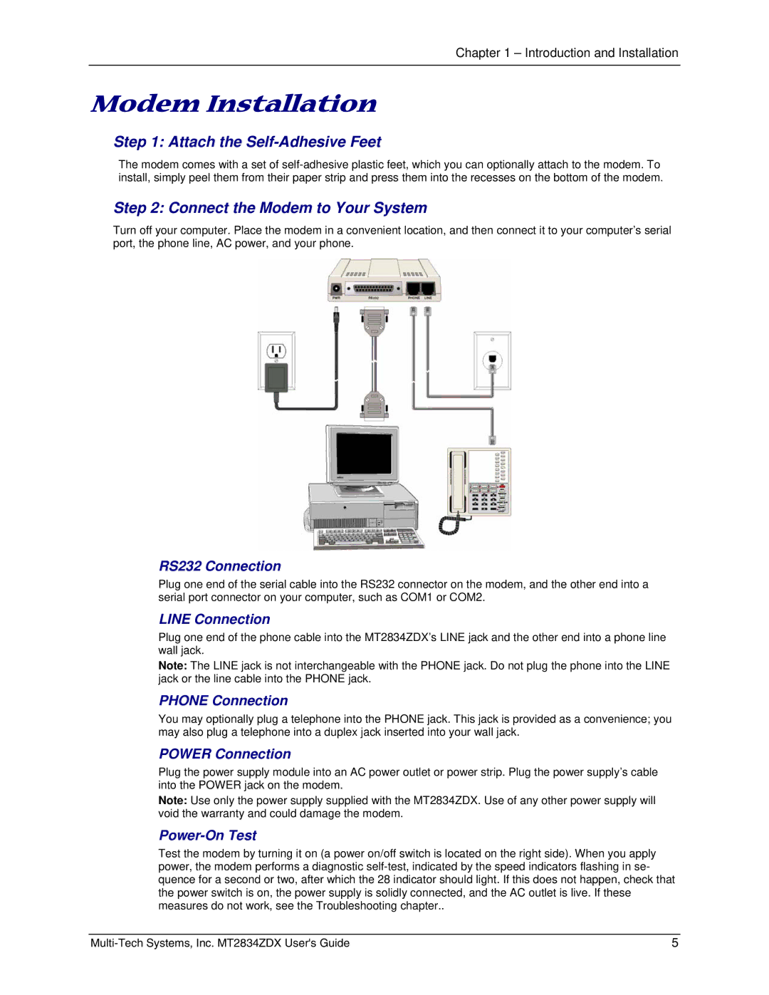 Multi-Tech Systems MT2834ZDX manual Modem Installation, Attach the Self-Adhesive Feet, Connect the Modem to Your System 