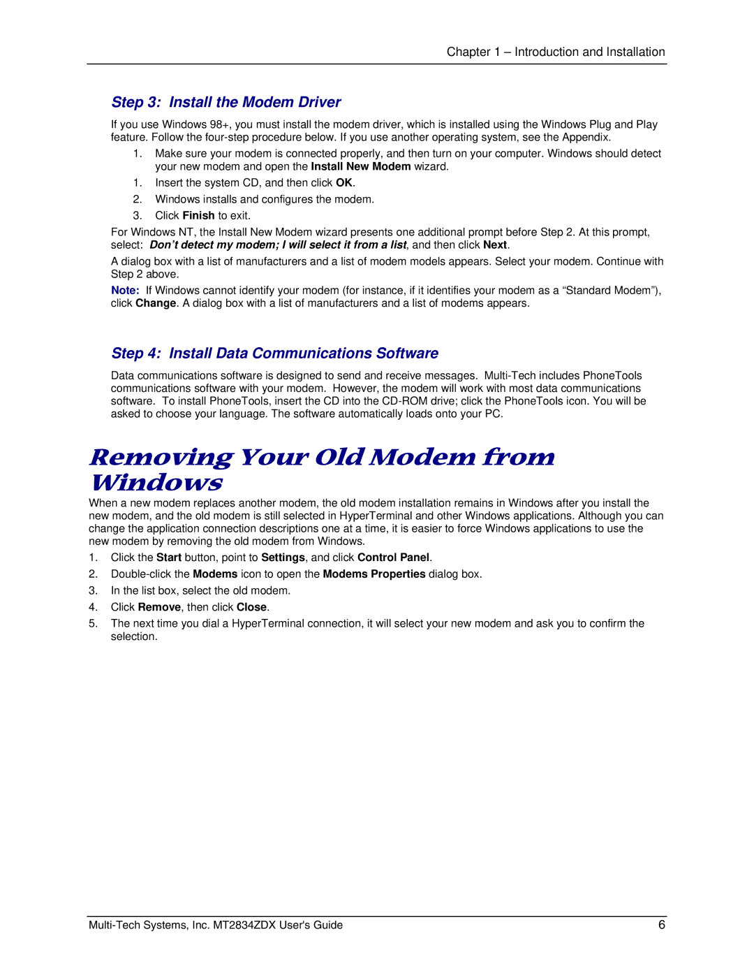 Multi-Tech Systems MT2834ZDX manual Removing Your Old Modem from Windows, Install the Modem Driver 