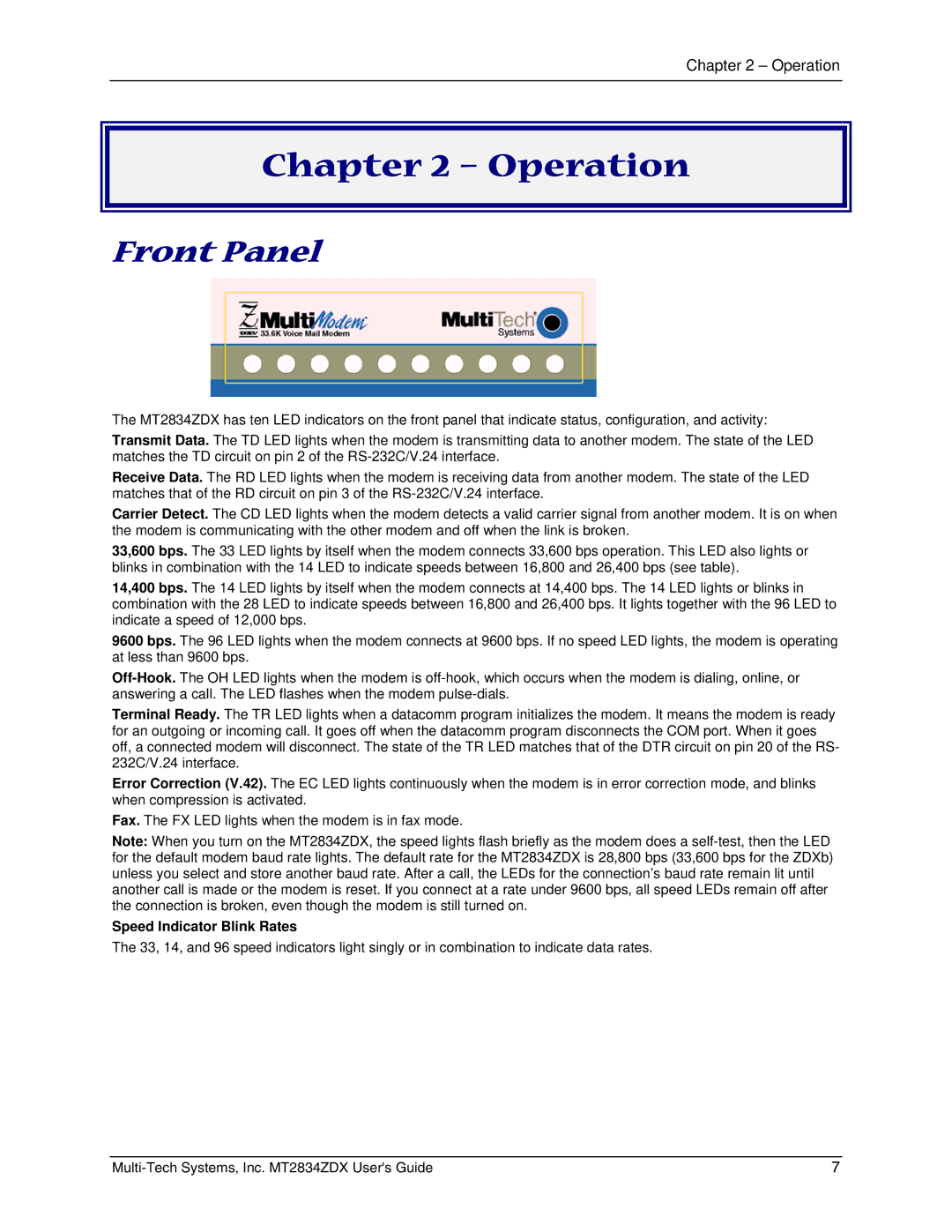 Multi-Tech Systems MT2834ZDX manual Operation, Front Panel, Speed Indicator Blink Rates 