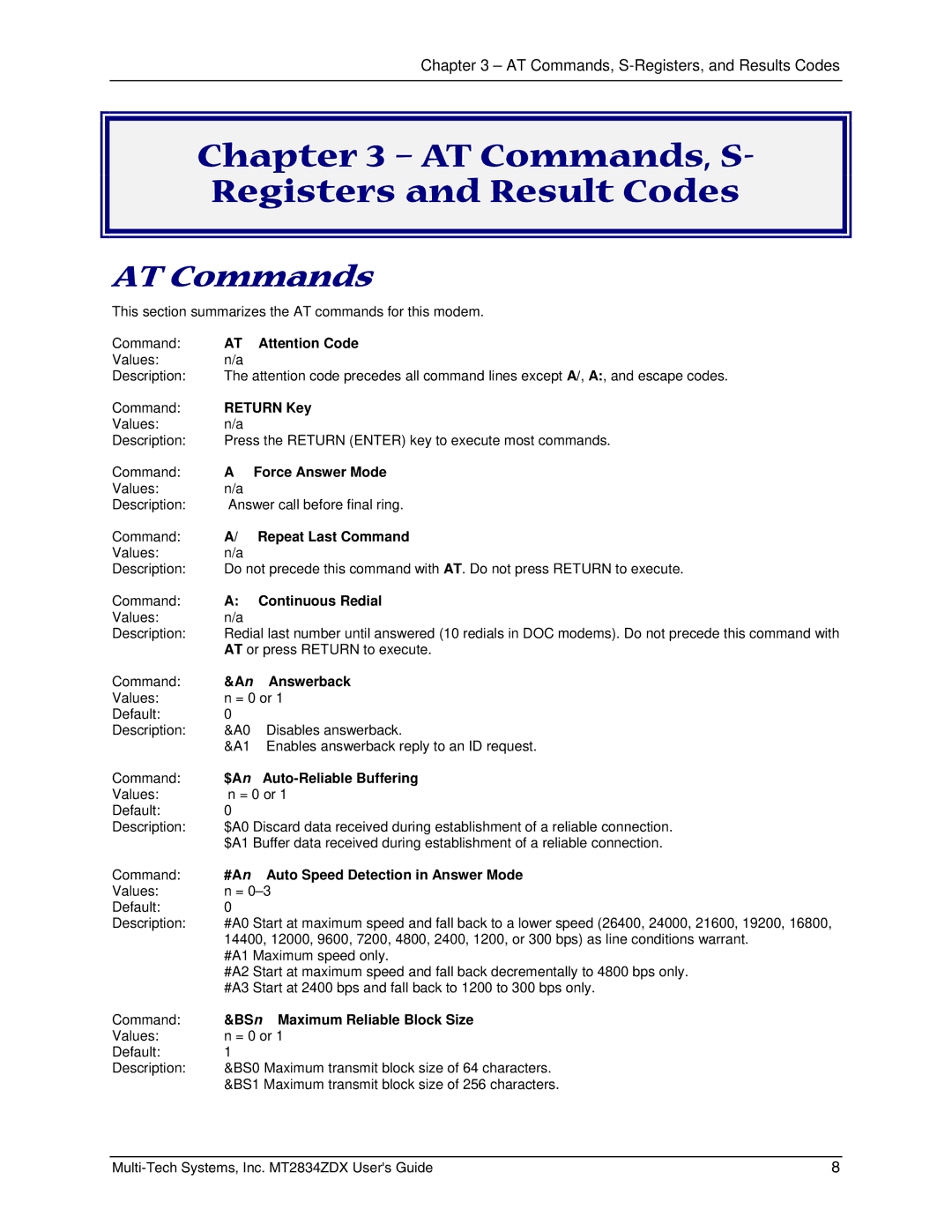 Multi-Tech Systems MT2834ZDX manual AT Commands, S- Registers and Result Codes 