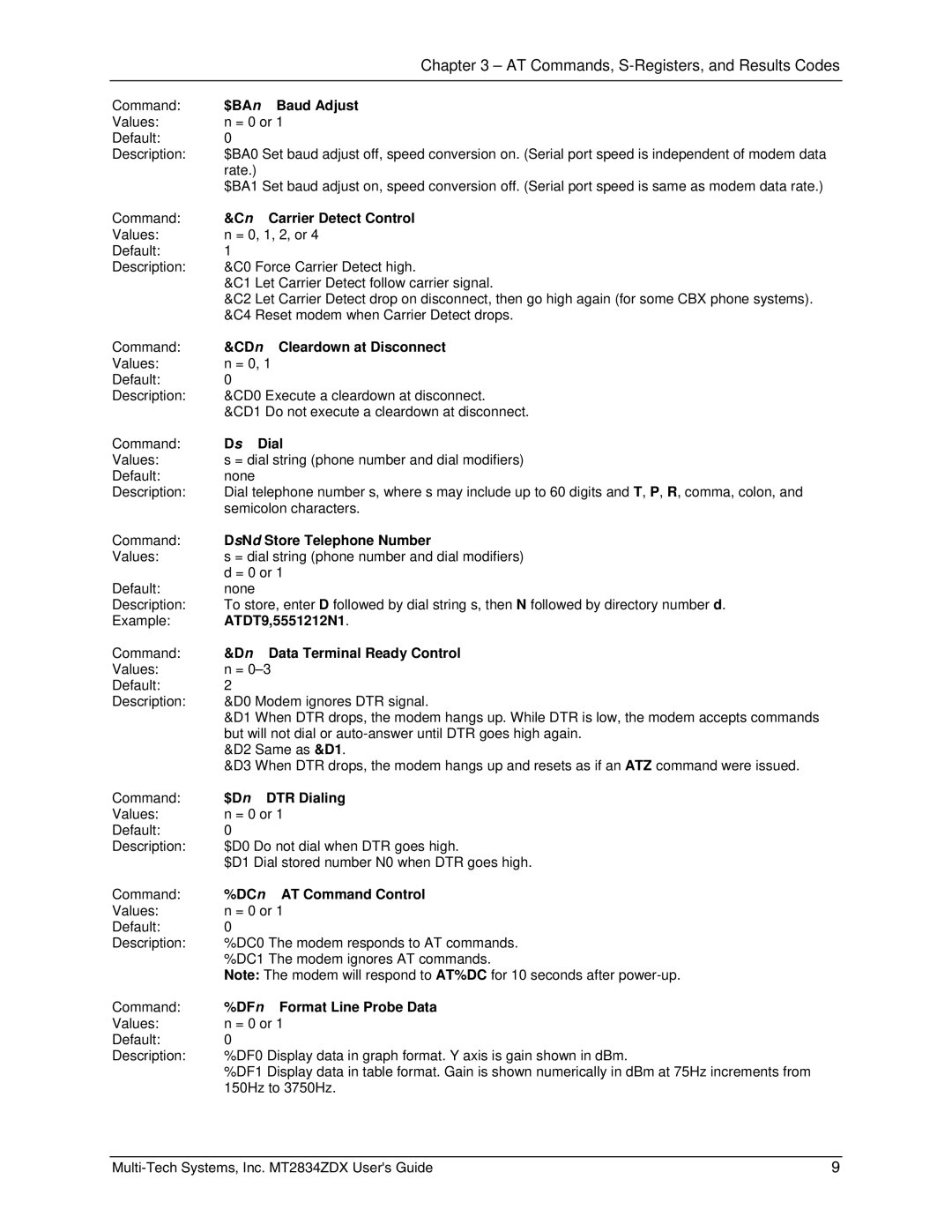 Multi-Tech Systems MT2834ZDX manual $BAn Baud Adjust, Carrier Detect Control, CDn Cleardown at Disconnect, Ds Dial 