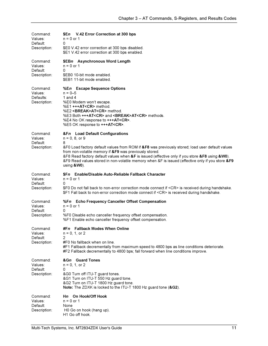 Multi-Tech Systems MT2834ZDX $En V.42 Error Correction at 300 bps, $EBn Asynchronous Word Length, Escape Sequence Options 