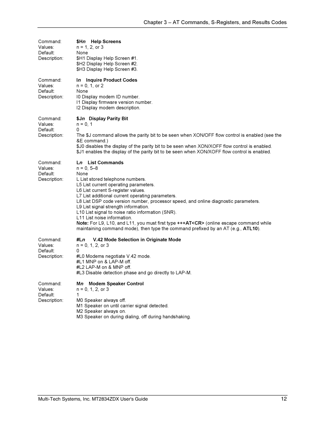 Multi-Tech Systems MT2834ZDX manual $H n Help Screens, Inquire Product Codes, $J n Display Parity Bit, List Commands 