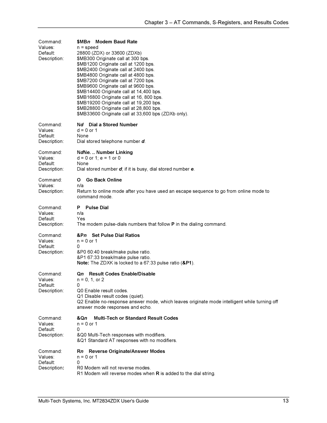 Multi-Tech Systems MT2834ZDX manual $MBn Modem Baud Rate, Nd Dial a Stored Number, NdNe. .. Number Linking, Go Back Online 