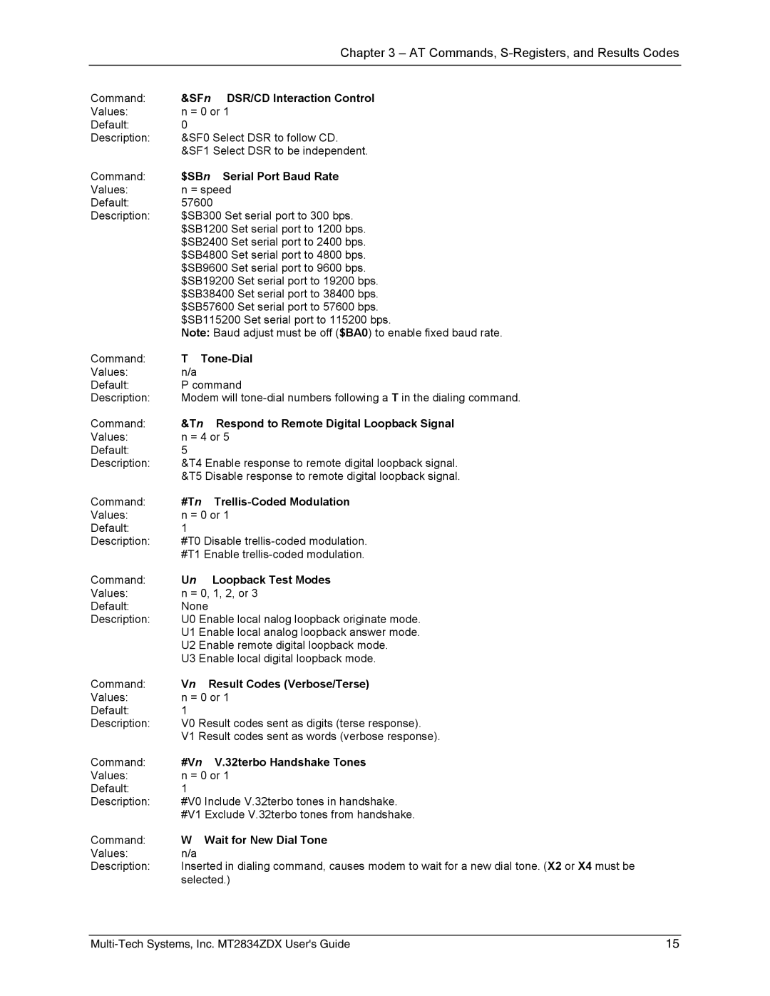 Multi-Tech Systems MT2834ZDX SFn DSR/CD Interaction Control, $SBn Serial Port Baud Rate, Tone-Dial, Loopback Test Modes 