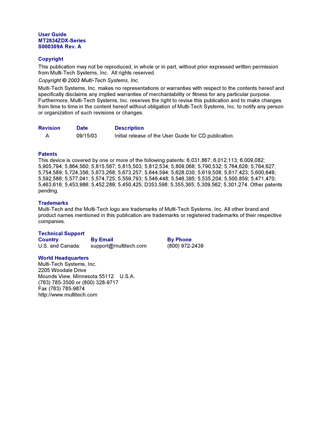 Multi-Tech Systems manual User Guide MT2834ZDX-Series S000309A Rev. a Copyright 