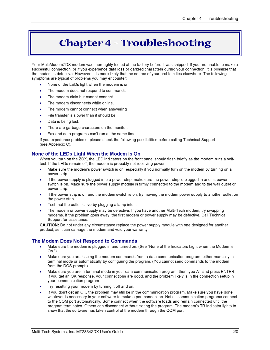 Multi-Tech Systems MT2834ZDX manual Troubleshooting, None of the LEDs Light When the Modem Is On 