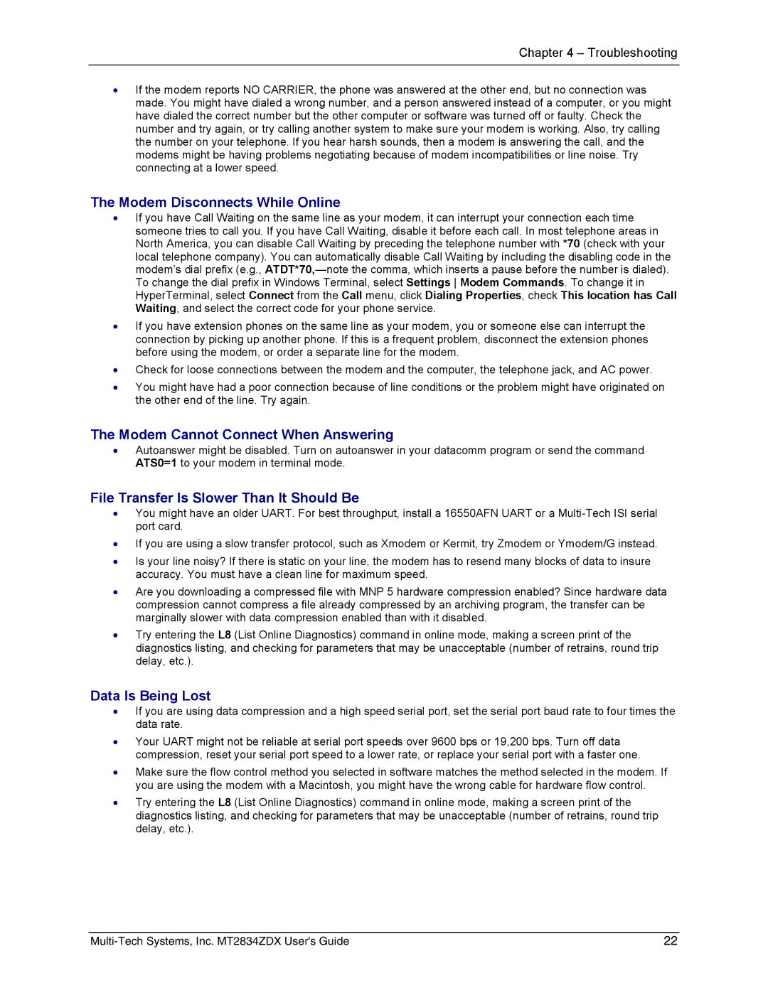 Multi-Tech Systems MT2834ZDX manual Modem Disconnects While Online 