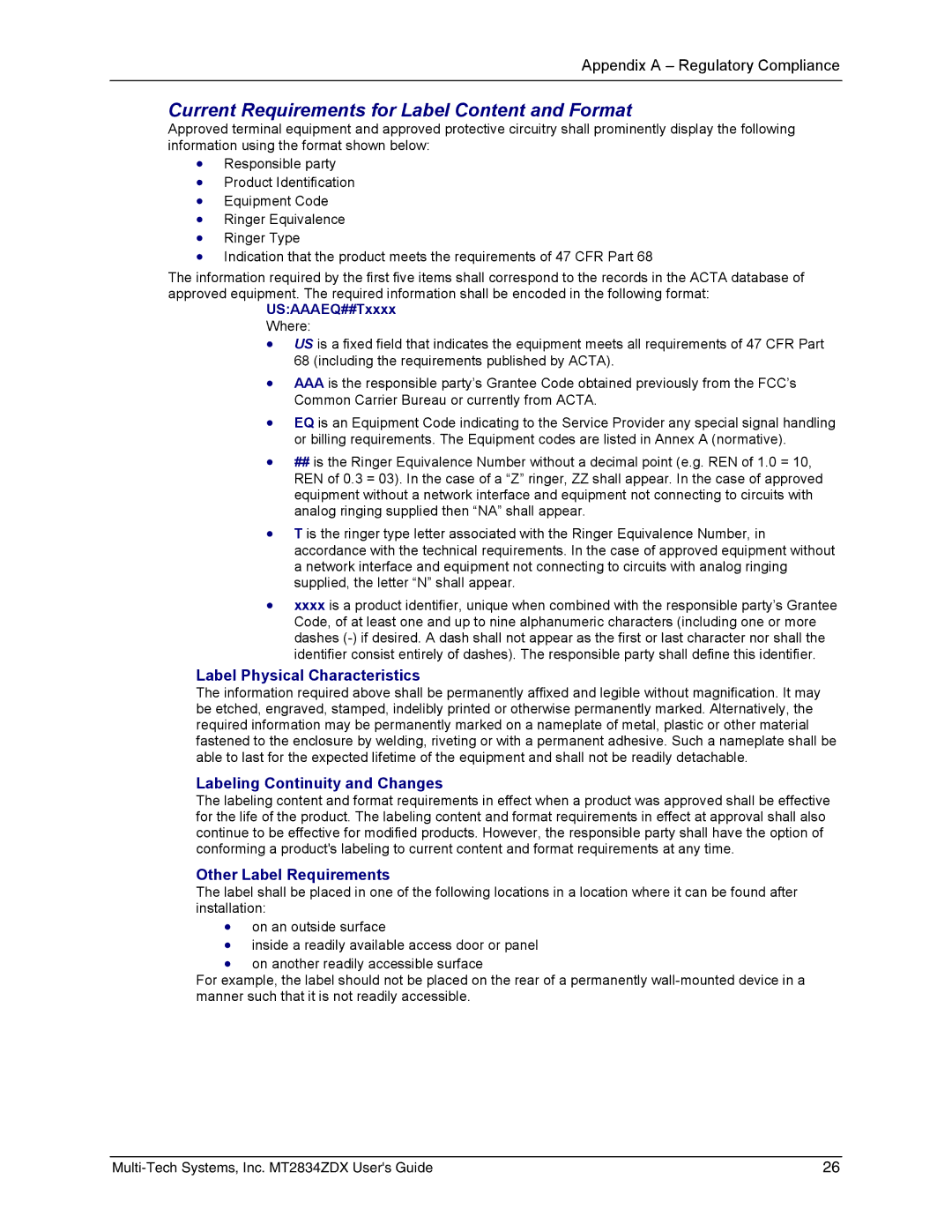 Multi-Tech Systems MT2834ZDX manual Current Requirements for Label Content and Format, USAAAEQ##Txxxx 